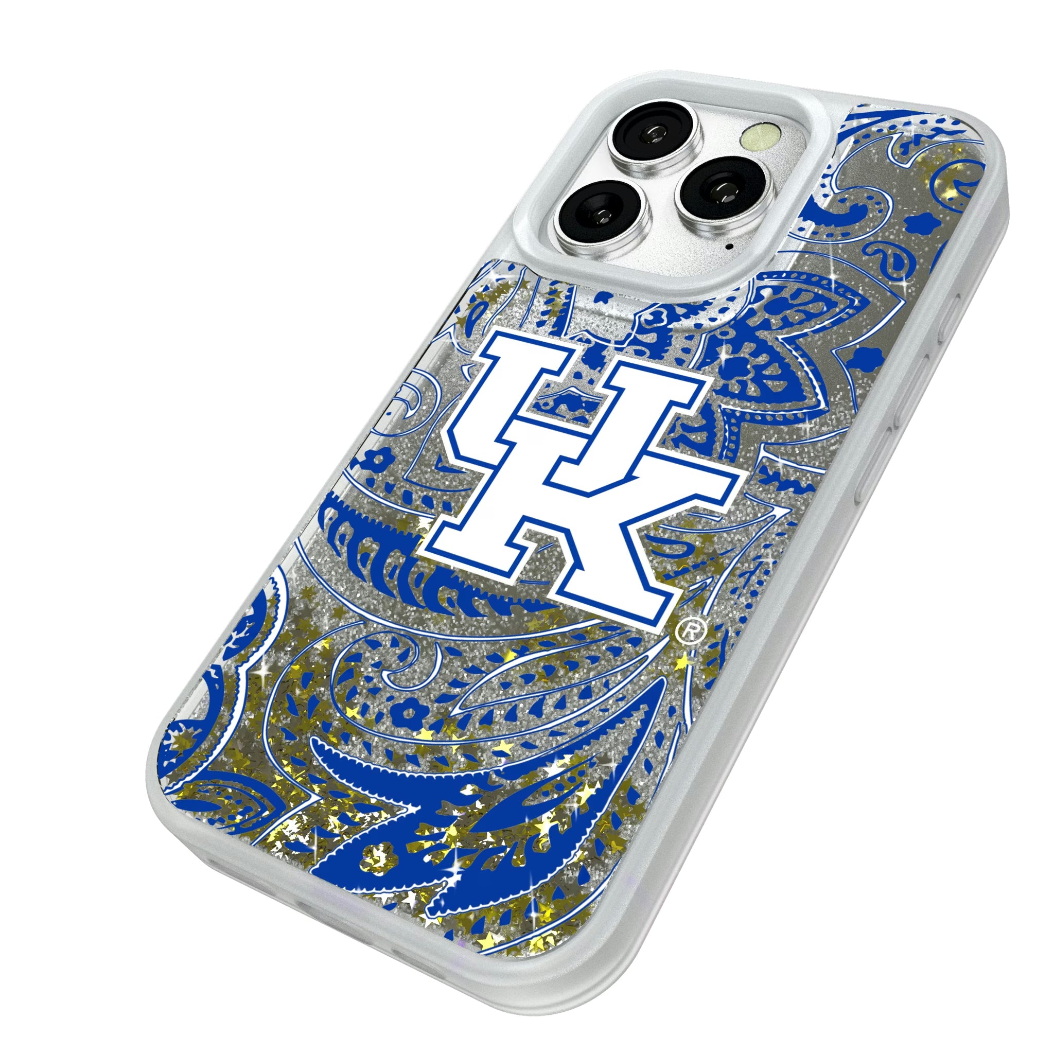 University of Kentucky Wildcats Paisley iPhone Glitter Phone Case for Apple iPhone - Isometric View#Device_iPhone 16 Pro