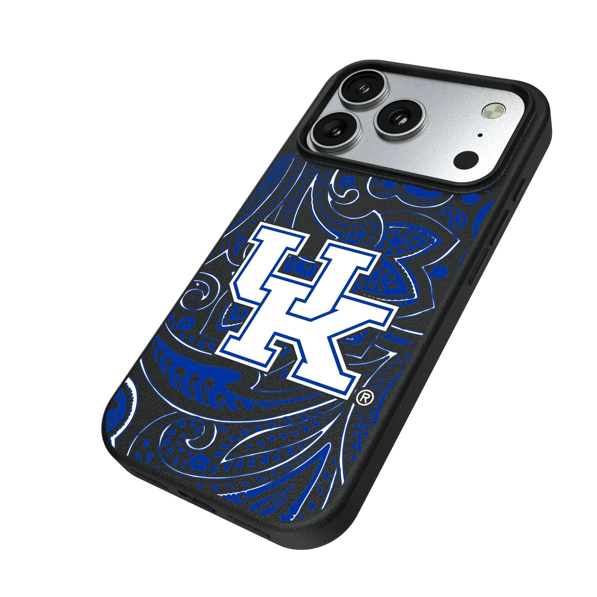 University of Kentucky Wildcats Paisley iPhone MagSafe Compatible Phone Case for Apple iPhone - Isometric View#Device_iPhone 17 Pro