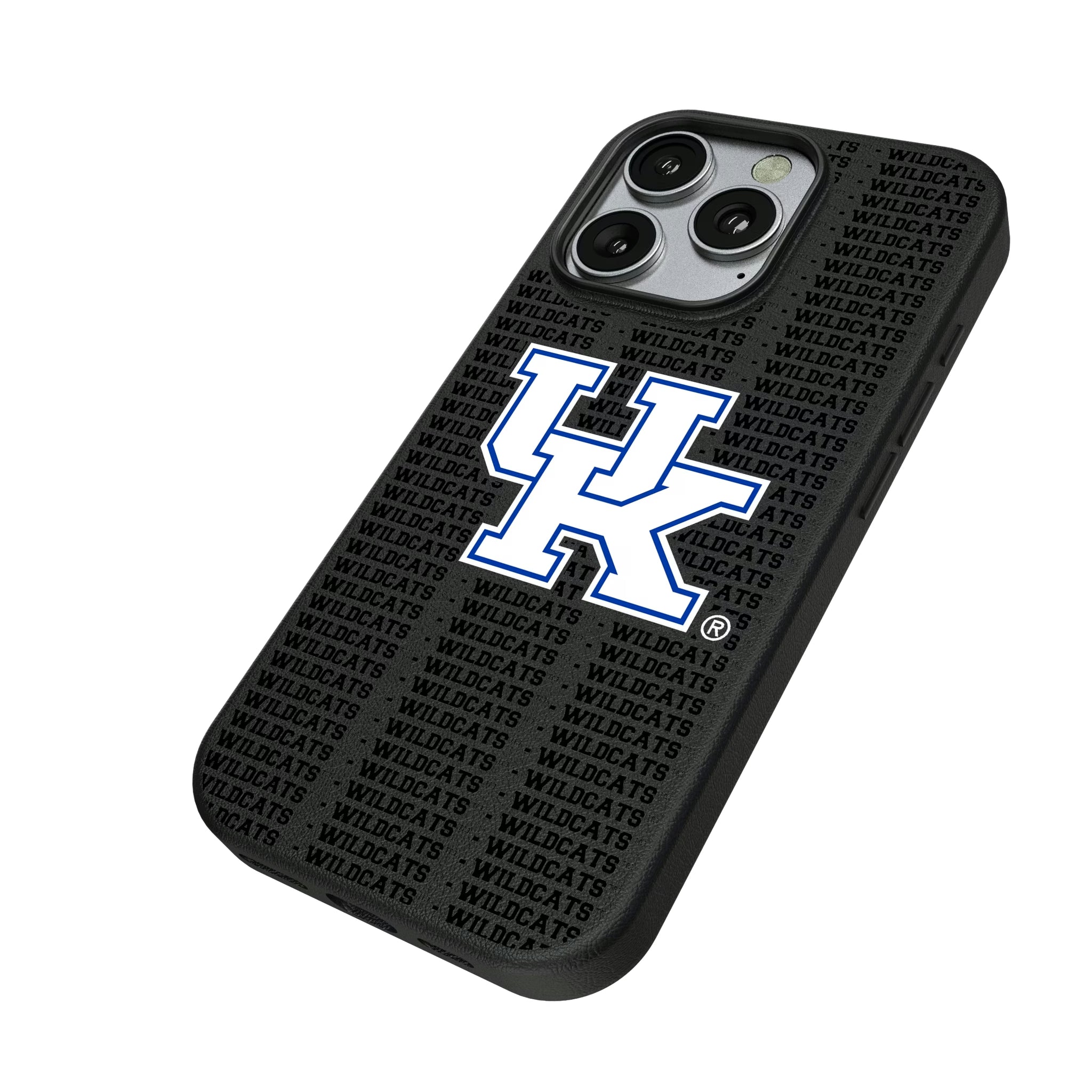 University of Kentucky Wildcats Text Backdrop iPhone MagSafe Compatible Phone Case for Apple iPhone - Isometric View