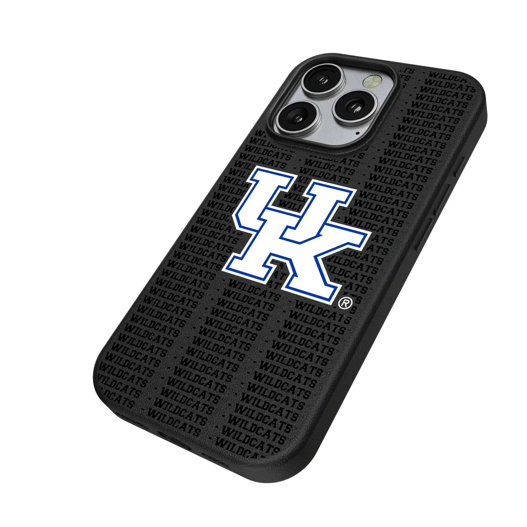 University of Kentucky Wildcats Text Backdrop iPhone MagSafe Compatible Phone Case for Apple iPhone - Isometric View