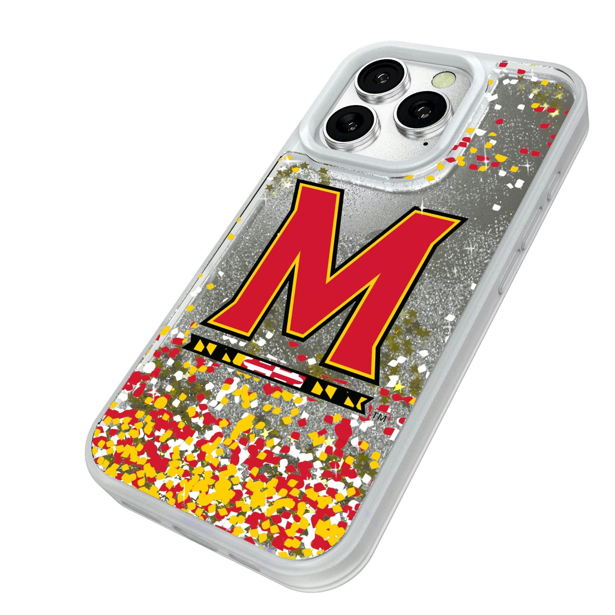 University of Maryland Terrapins Confetti iPhone Glitter Phone Case for Apple iPhone - Isometric View#Device_iPhone 16 Pro