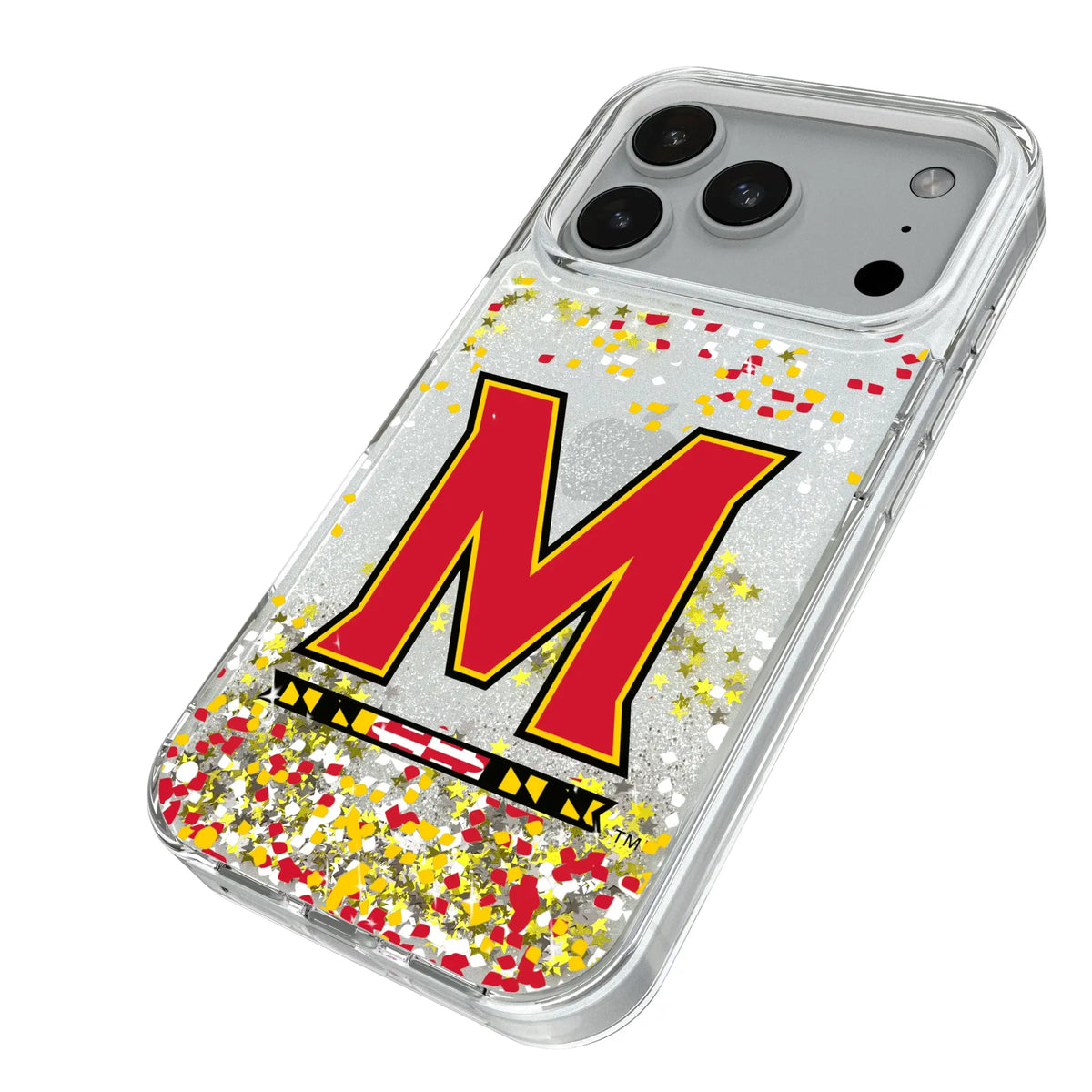 University of Maryland Terrapins Confetti iPhone Glitter Phone Case for Apple iPhone - Isometric View#Device_iPhone 18 Pro
