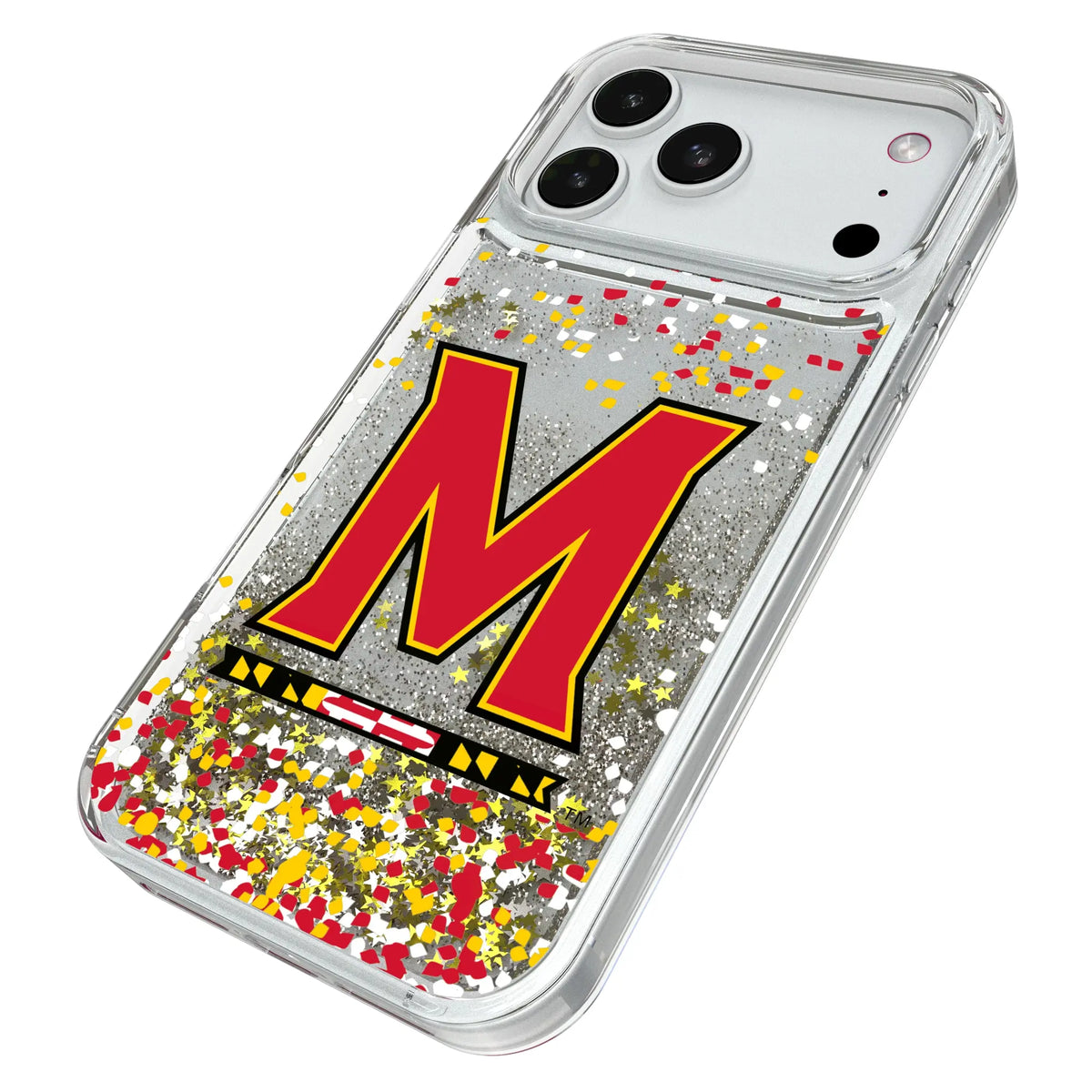 University of Maryland Terrapins Confetti iPhone Glitter Phone Case for Apple iPhone - Isometric View#Device_iPhone 18 Pro Max