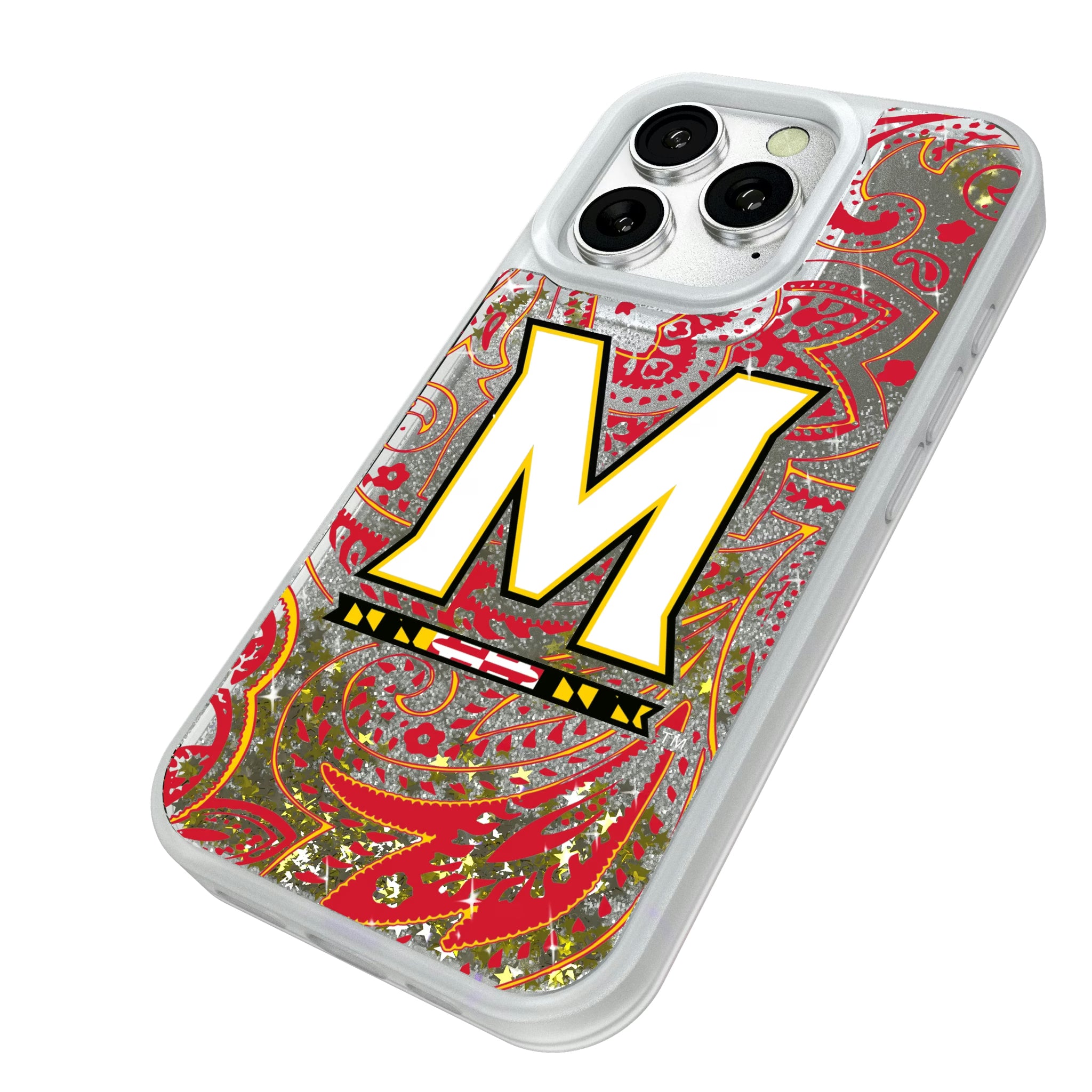 University of Maryland Terrapins Paisley iPhone Glitter Phone Case for Apple iPhone - Isometric View#Device_iPhone 16 Pro