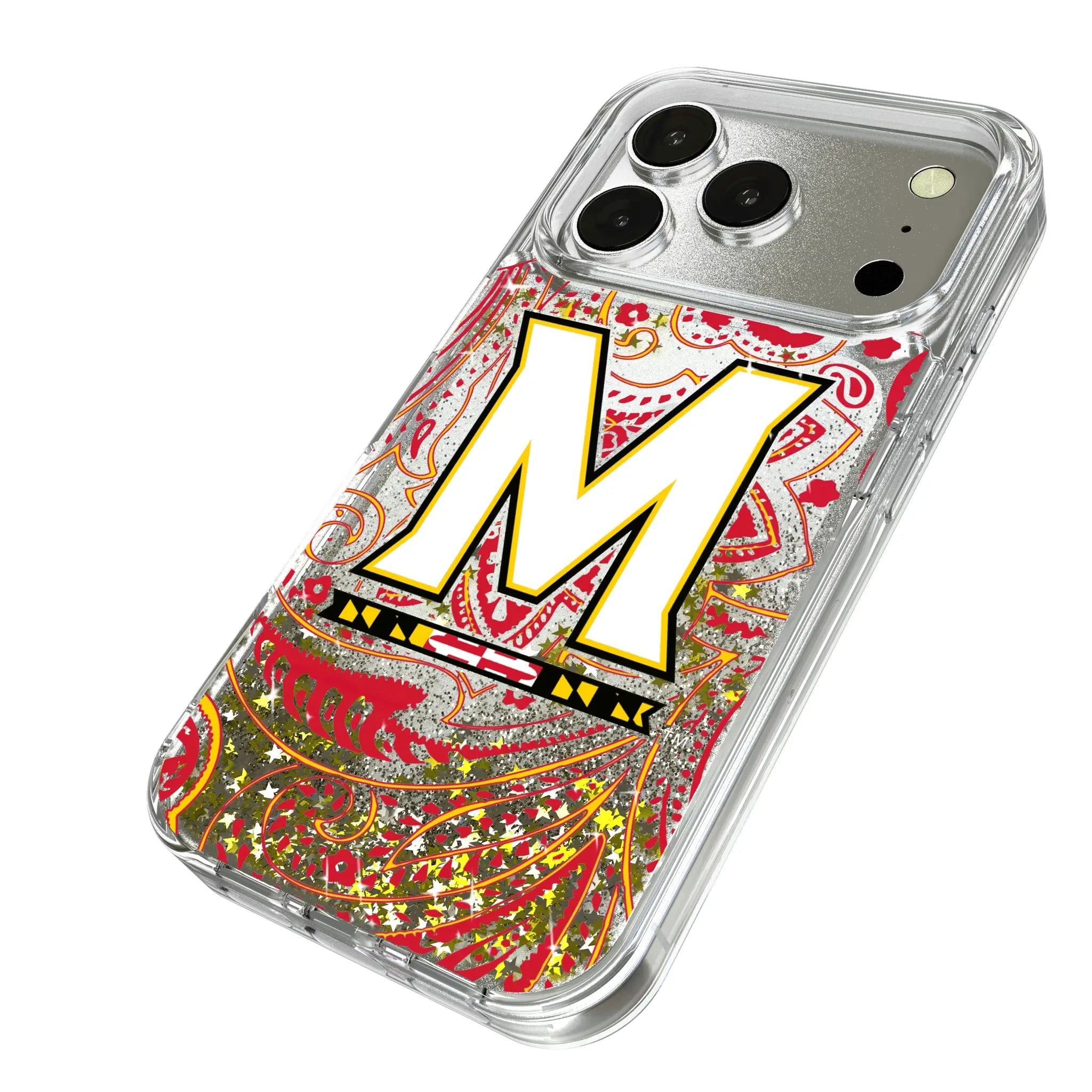 University of Maryland Terrapins Paisley iPhone Glitter Phone Case for Apple iPhone - Isometric View