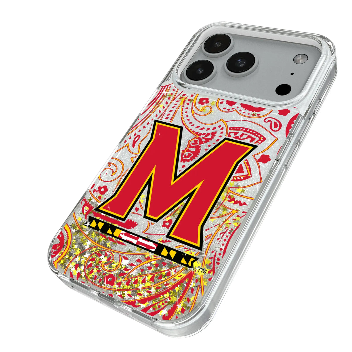 University of Maryland Terrapins Paisley iPhone Glitter Phone Case for Apple iPhone - Isometric View#Device_iPhone 18 Pro