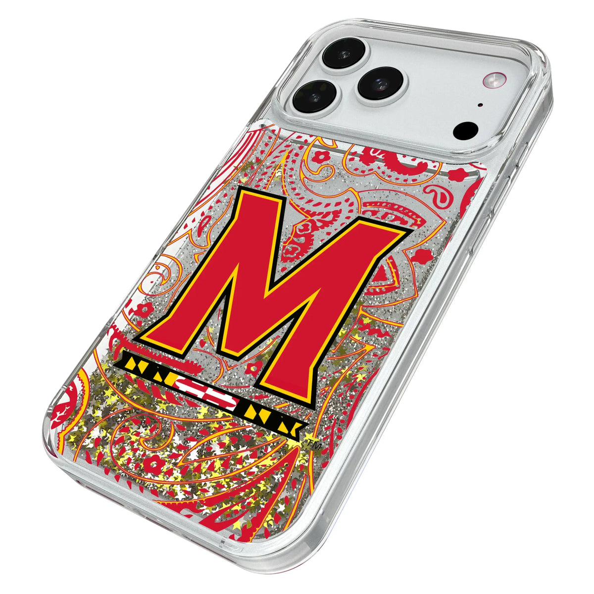 University of Maryland Terrapins Paisley iPhone Glitter Phone Case for Apple iPhone - Isometric View#Device_iPhone 18 Pro Max