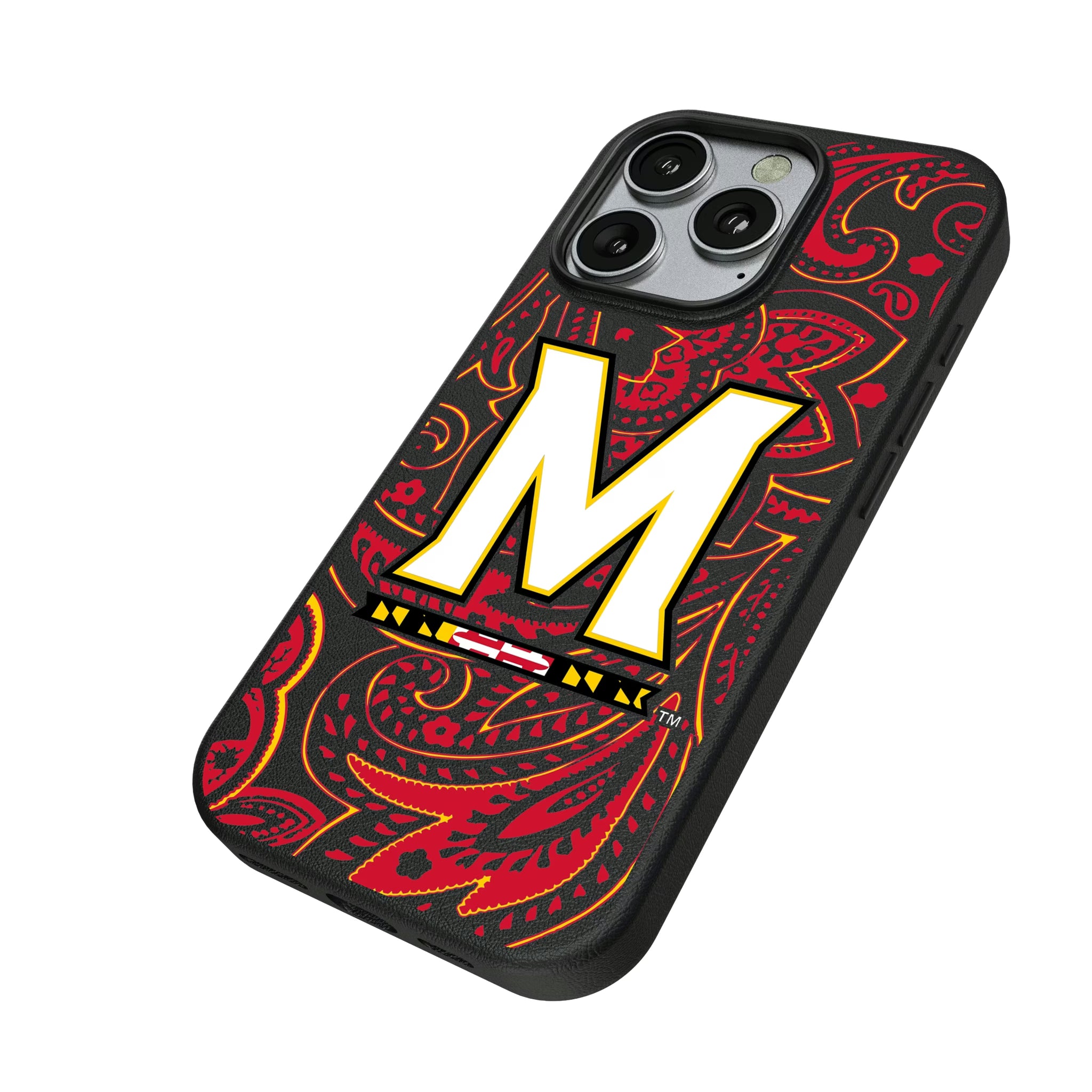 University of Maryland Terrapins Paisley iPhone MagSafe Compatible Phone Case for Apple iPhone - Isometric View