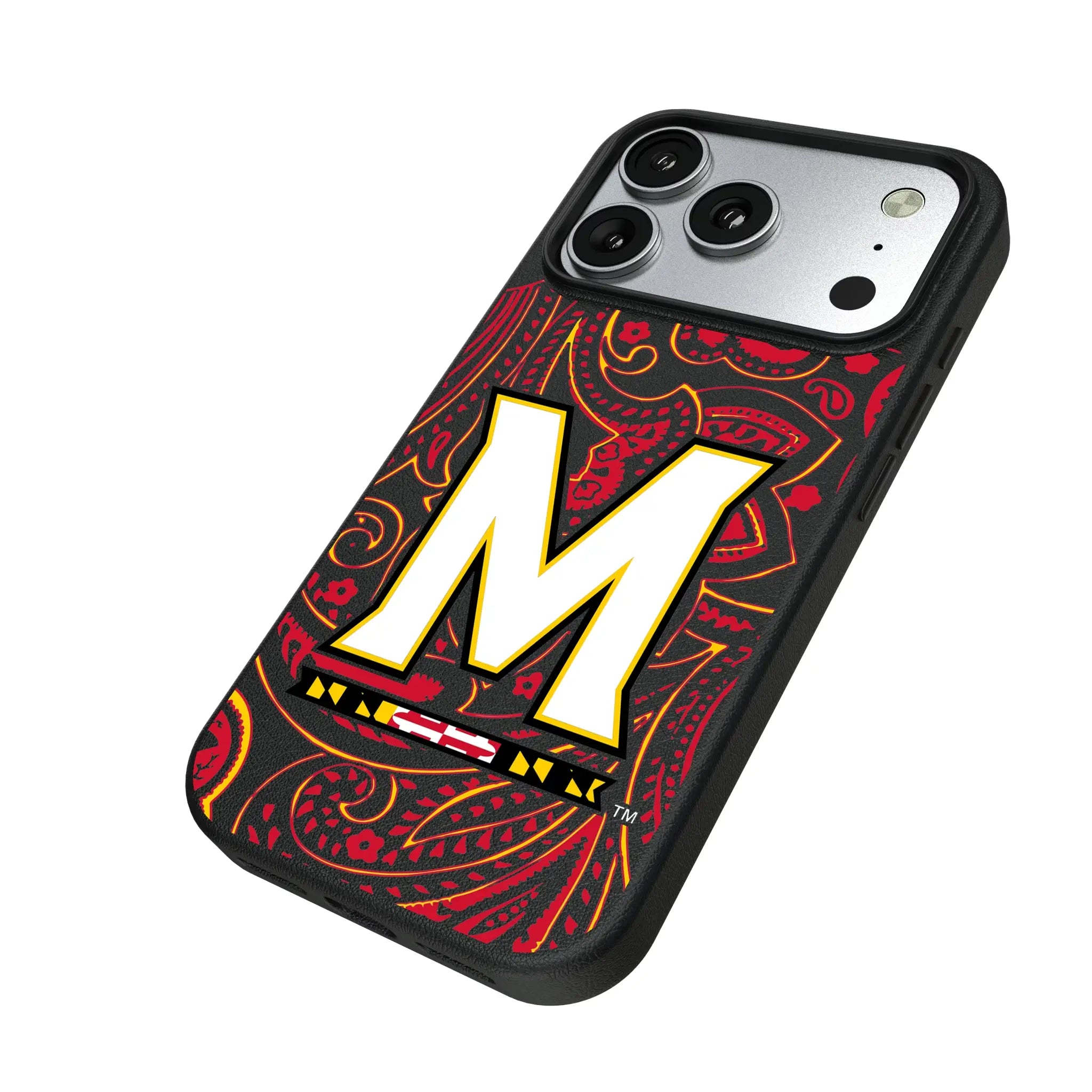 University of Maryland Terrapins Paisley iPhone MagSafe Compatible Phone Case for Apple iPhone - Isometric View#Device_iPhone 17 Pro