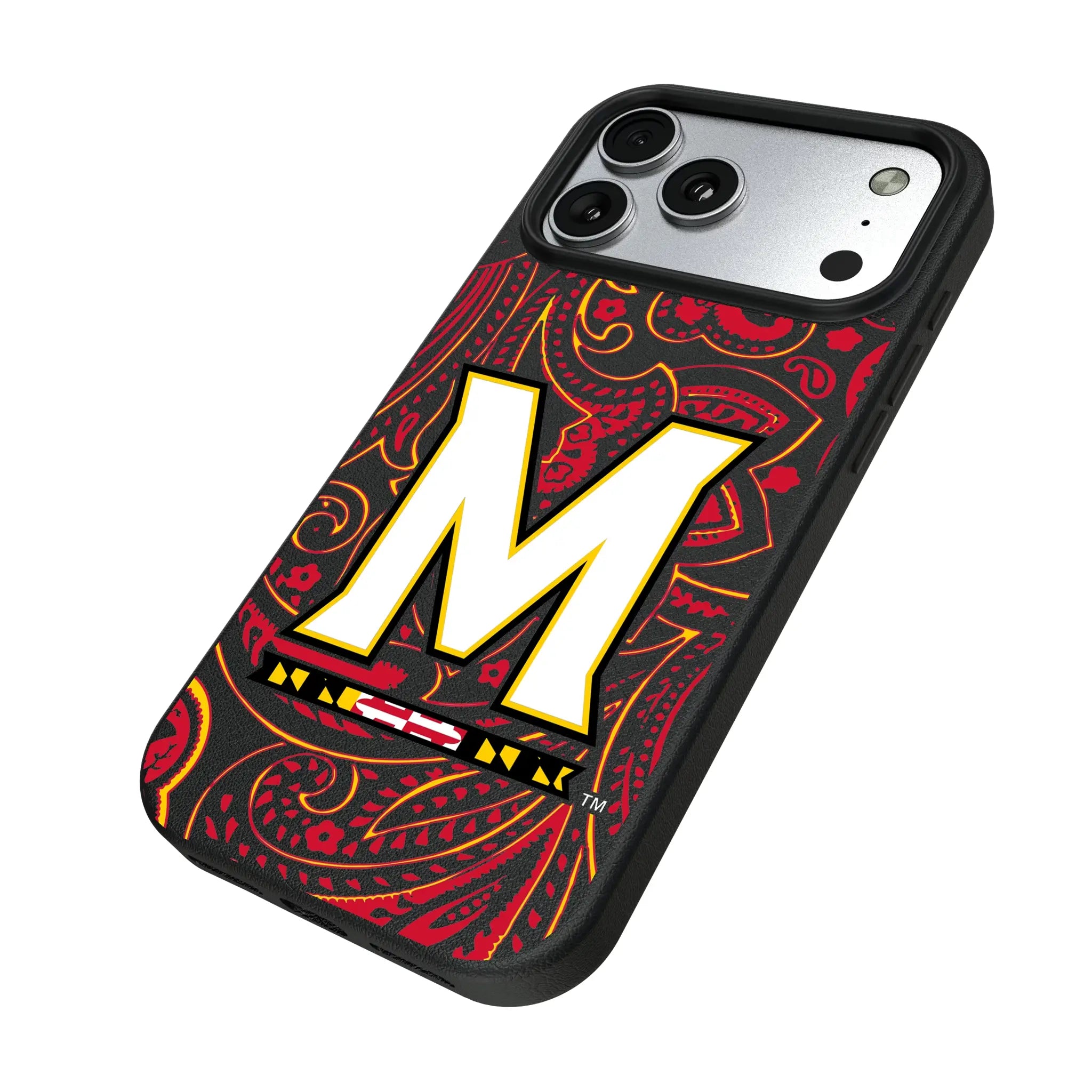University of Maryland Terrapins Paisley iPhone MagSafe Compatible Phone Case for Apple iPhone - Isometric View#Device_iPhone 17 Pro Max