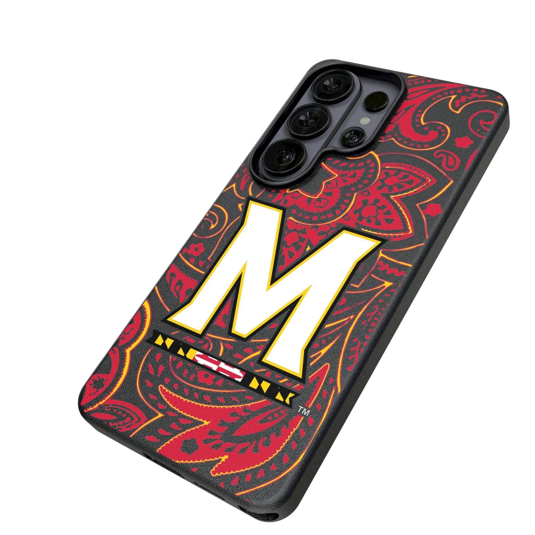 University of Maryland Terrapins Paisley Galaxy MagSafe Compatible Phone Case for Samsung Galaxy - Isometric View#Device_Galaxy S26 Ultra