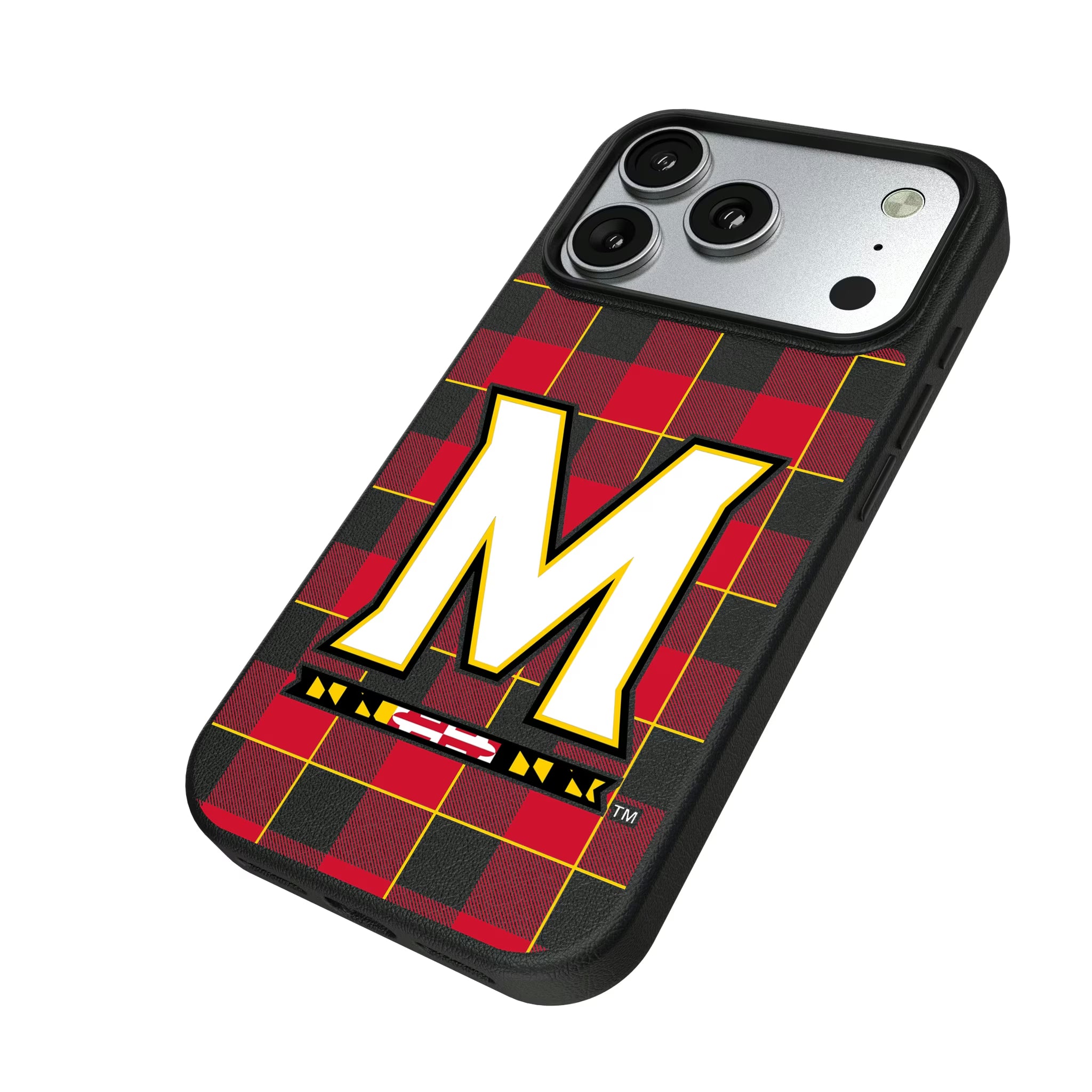 University of Maryland Terrapins Plaid iPhone MagSafe Compatible Phone Case for Apple iPhone - Isometric View#Device_iPhone 17 Pro