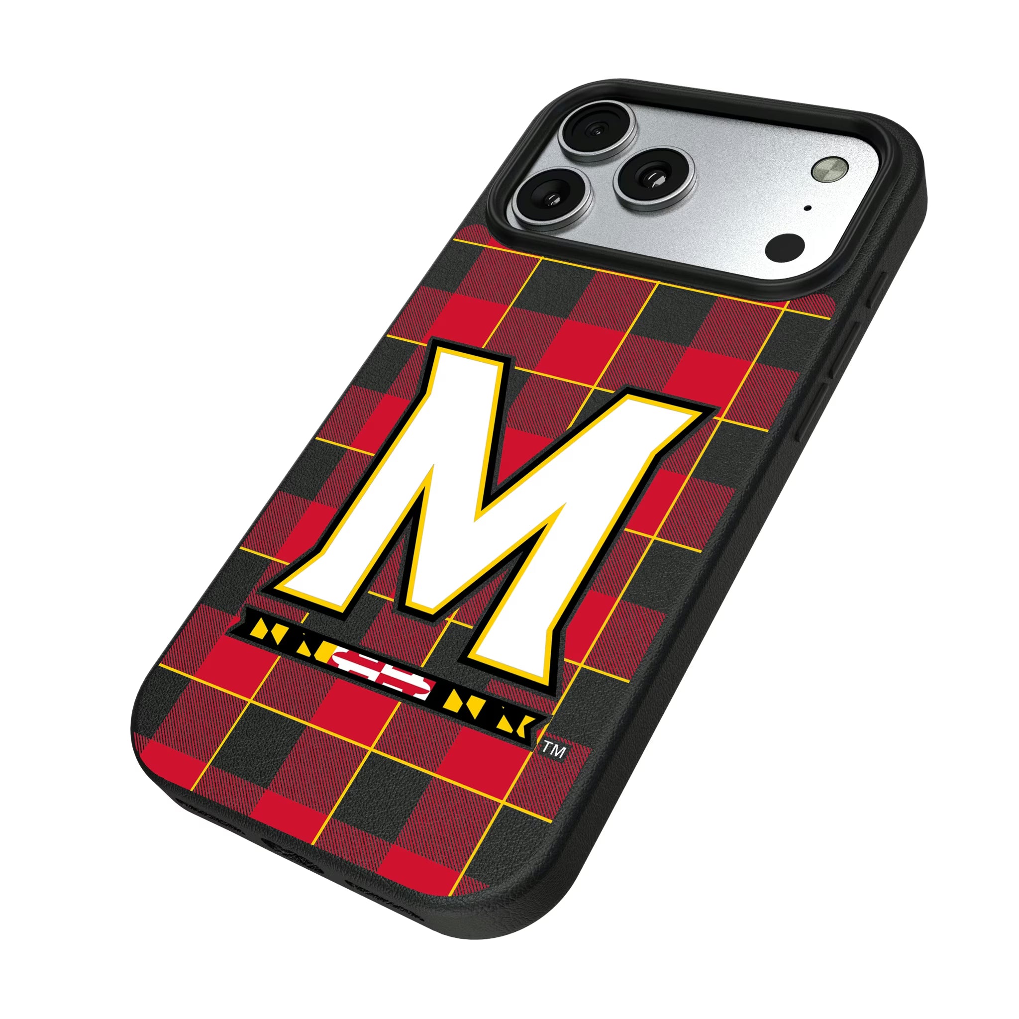 University of Maryland Terrapins Plaid iPhone MagSafe Compatible Phone Case for Apple iPhone - Isometric View#Device_iPhone 17 Pro Max