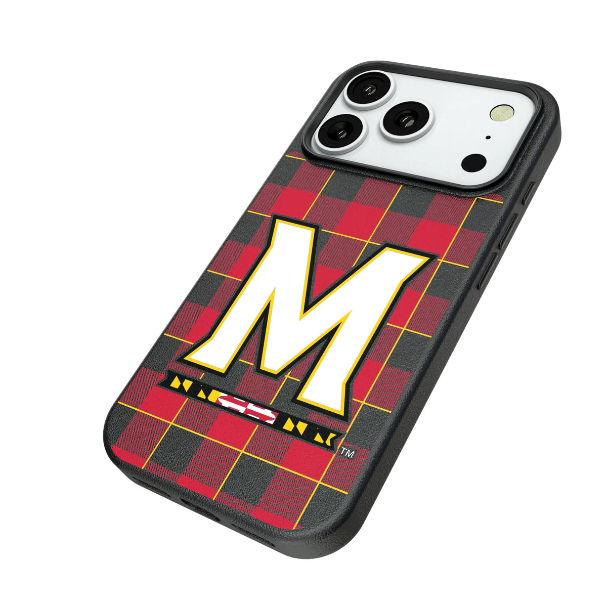 University of Maryland Terrapins Plaid iPhone MagSafe Compatible Phone Case for Apple iPhone - Isometric View#Device_iPhone 18 Pro