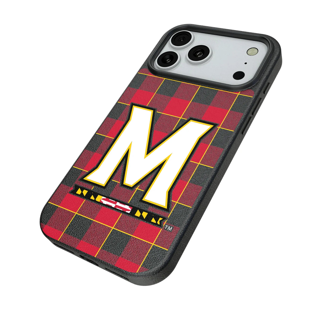 University of Maryland Terrapins Plaid iPhone MagSafe Compatible Phone Case for Apple iPhone - Isometric View#Device_iPhone 18 Pro Max
