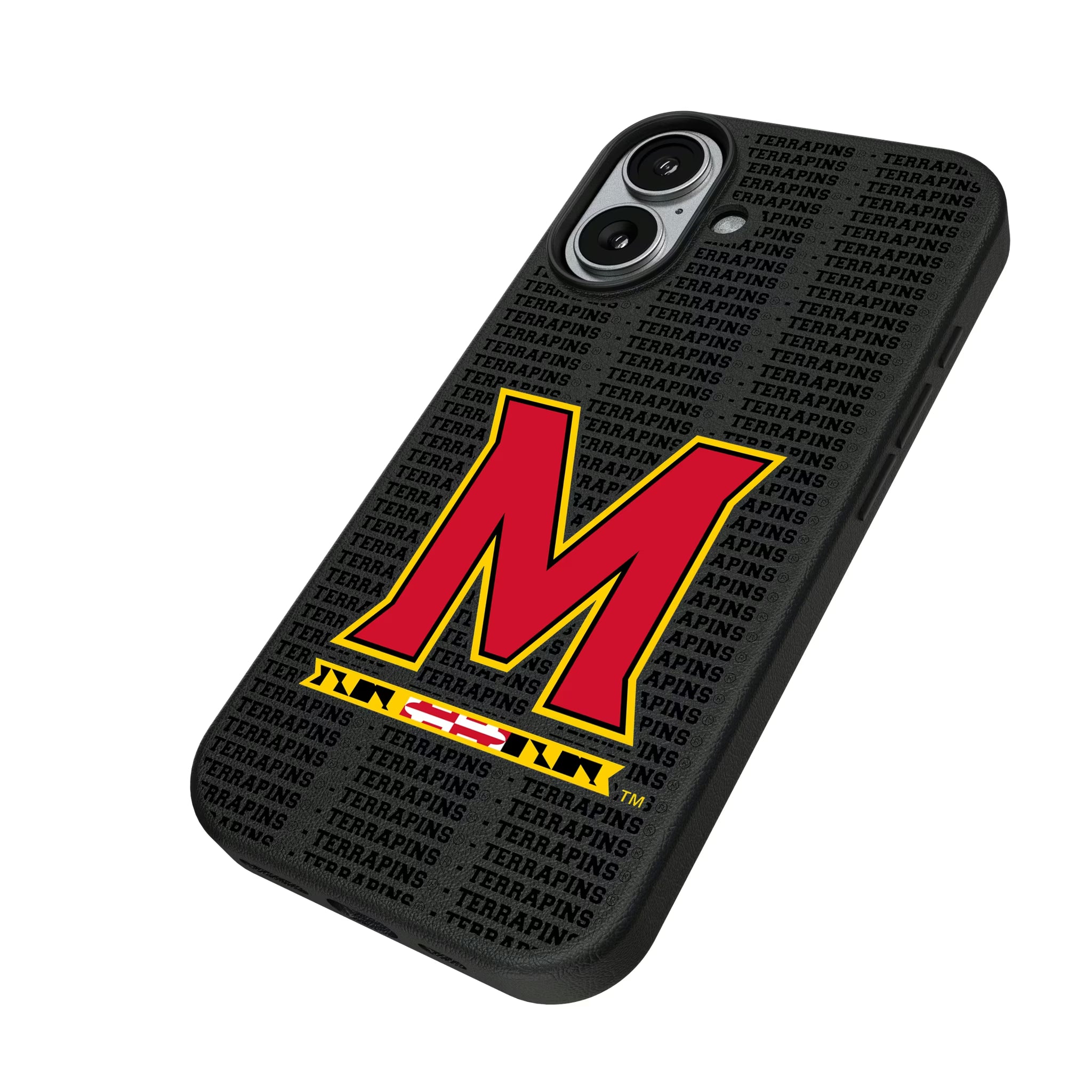 University of Maryland Terrapins Text Backdrop iPhone MagSafe Compatible Phone Case for Apple iPhone - Isometric View#Device_iPhone 17