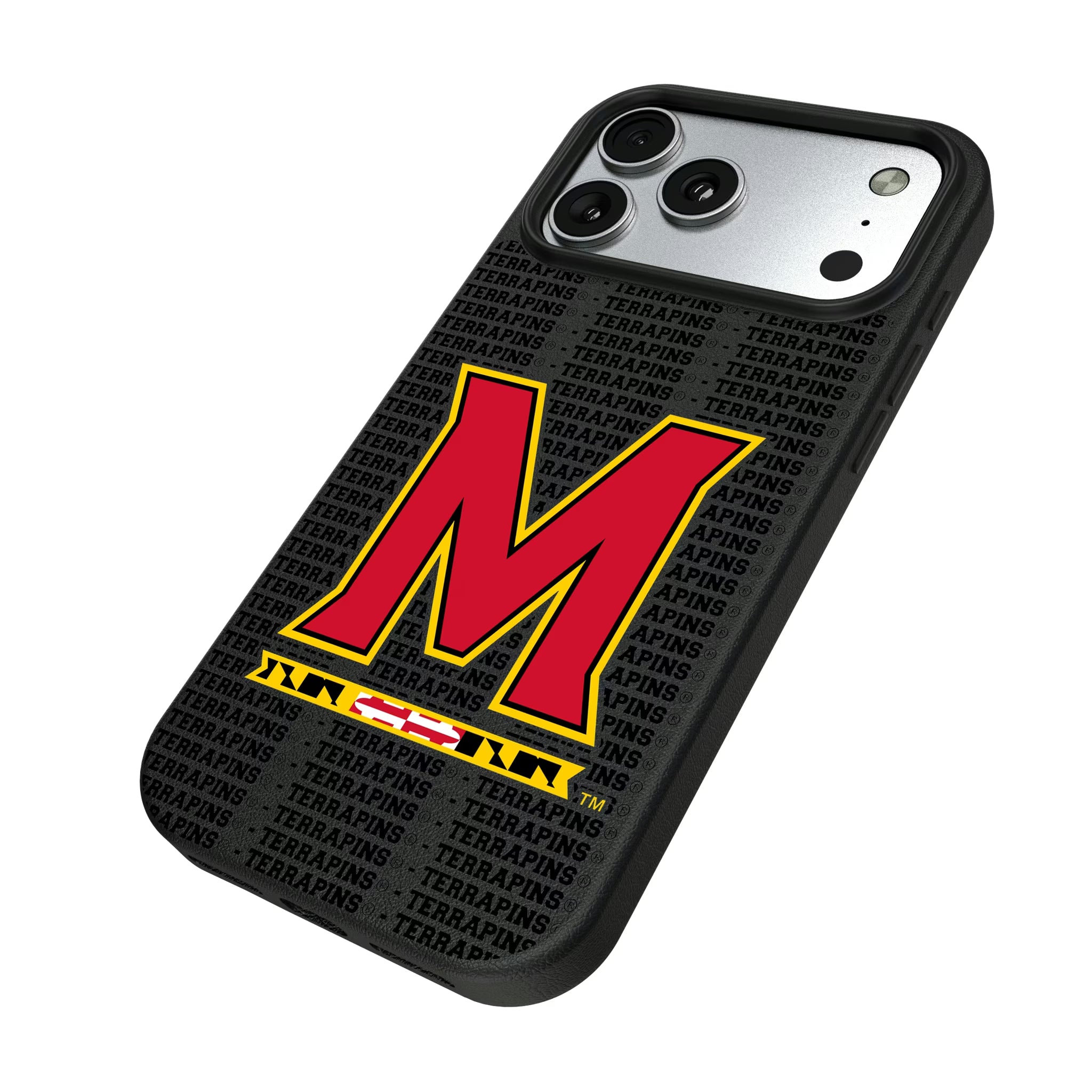 University of Maryland Terrapins Text Backdrop iPhone MagSafe Compatible Phone Case for Apple iPhone - Isometric View#Device_iPhone 17 Pro Max