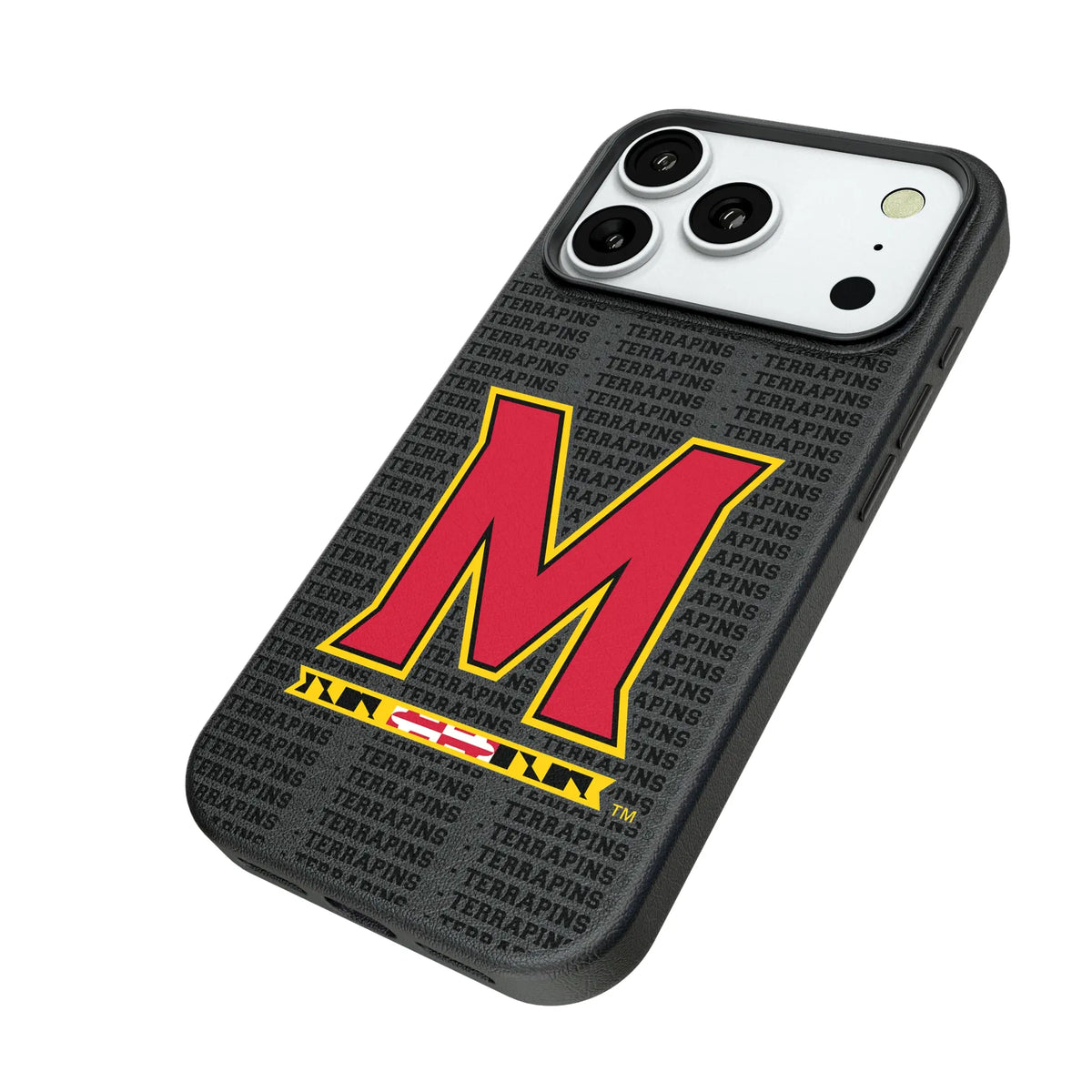 University of Maryland Terrapins Text Backdrop iPhone MagSafe Compatible Phone Case for Apple iPhone - Isometric View#Device_iPhone 18 Pro