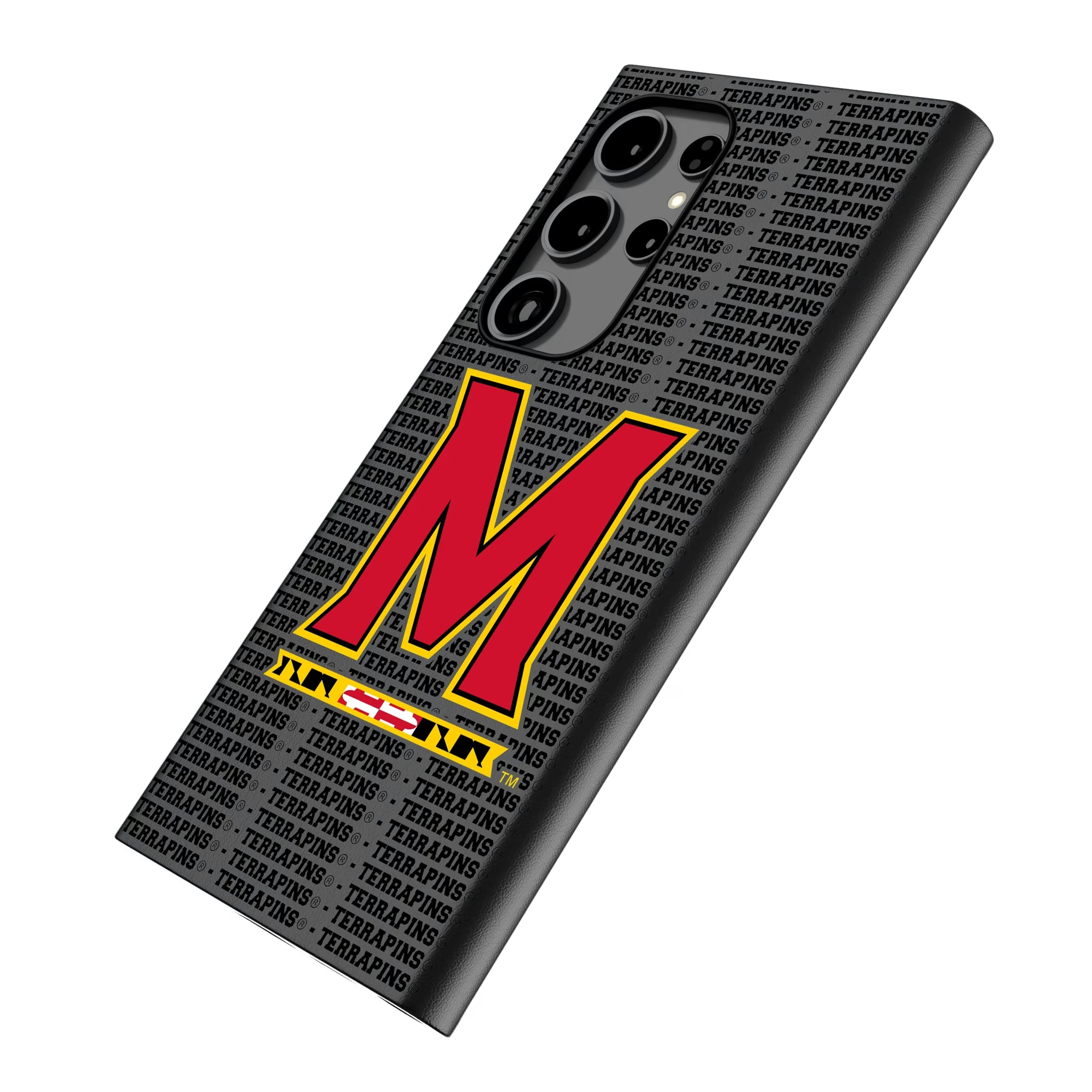 University of Maryland Terrapins Text Backdrop Galaxy MagSafe Compatible Phone Case for Samsung Galaxy - Isometric View