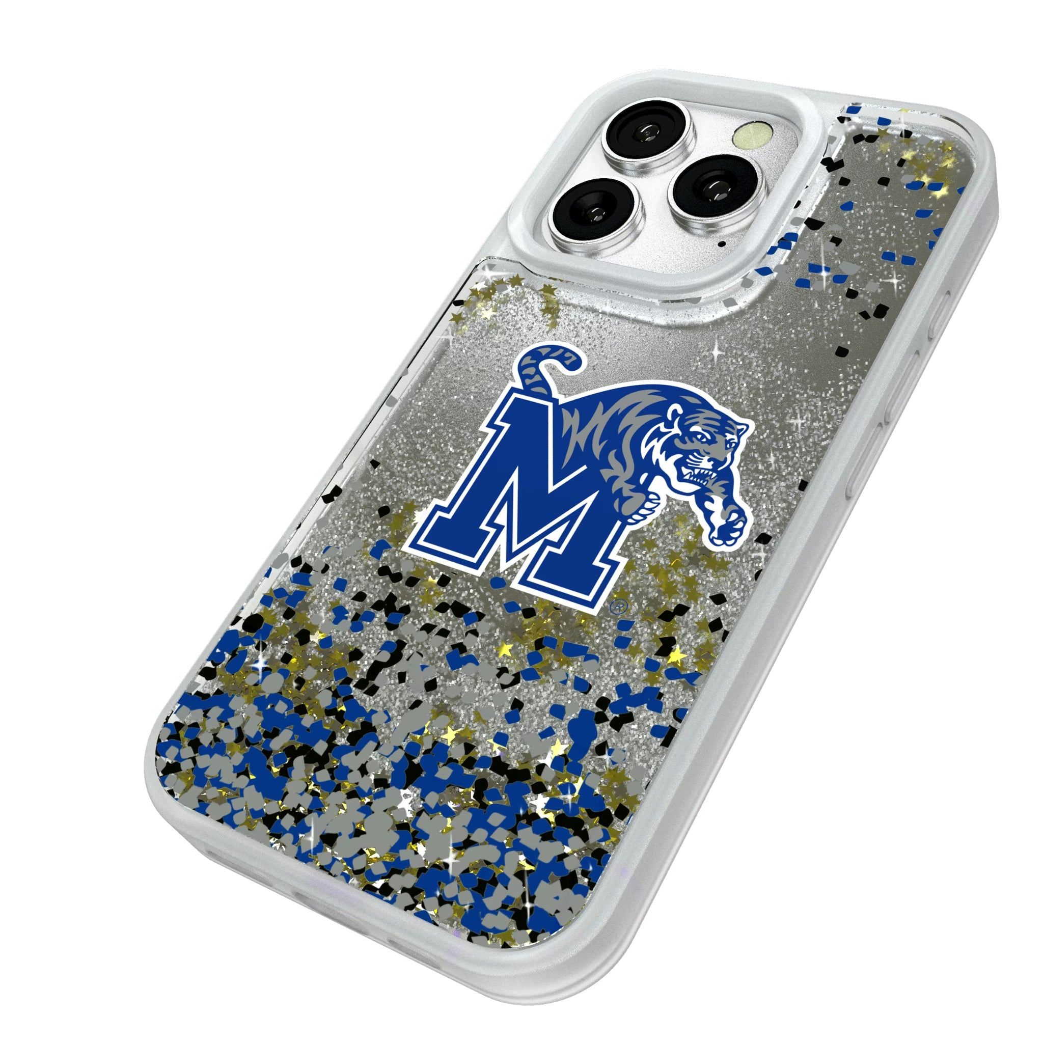 University of Memphis Tigers Confetti iPhone Glitter Phone Case for Apple iPhone - Isometric View#Device_iPhone 16 Pro