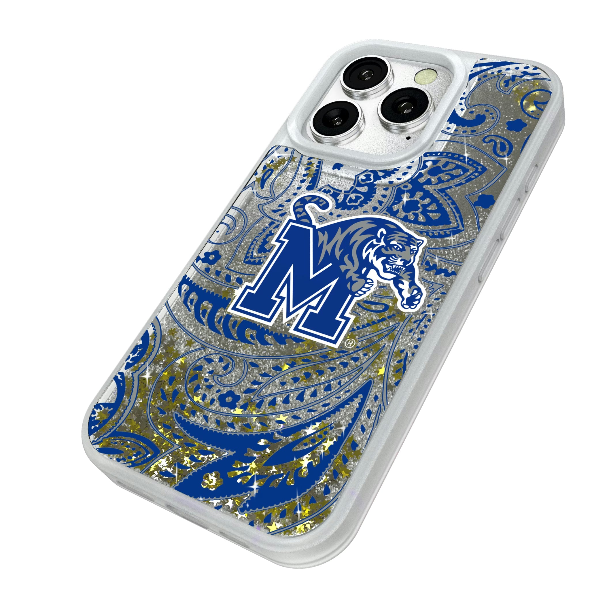 University of Memphis Tigers Paisley iPhone Glitter Phone Case for Apple iPhone - Isometric View#Device_iPhone 16 Pro