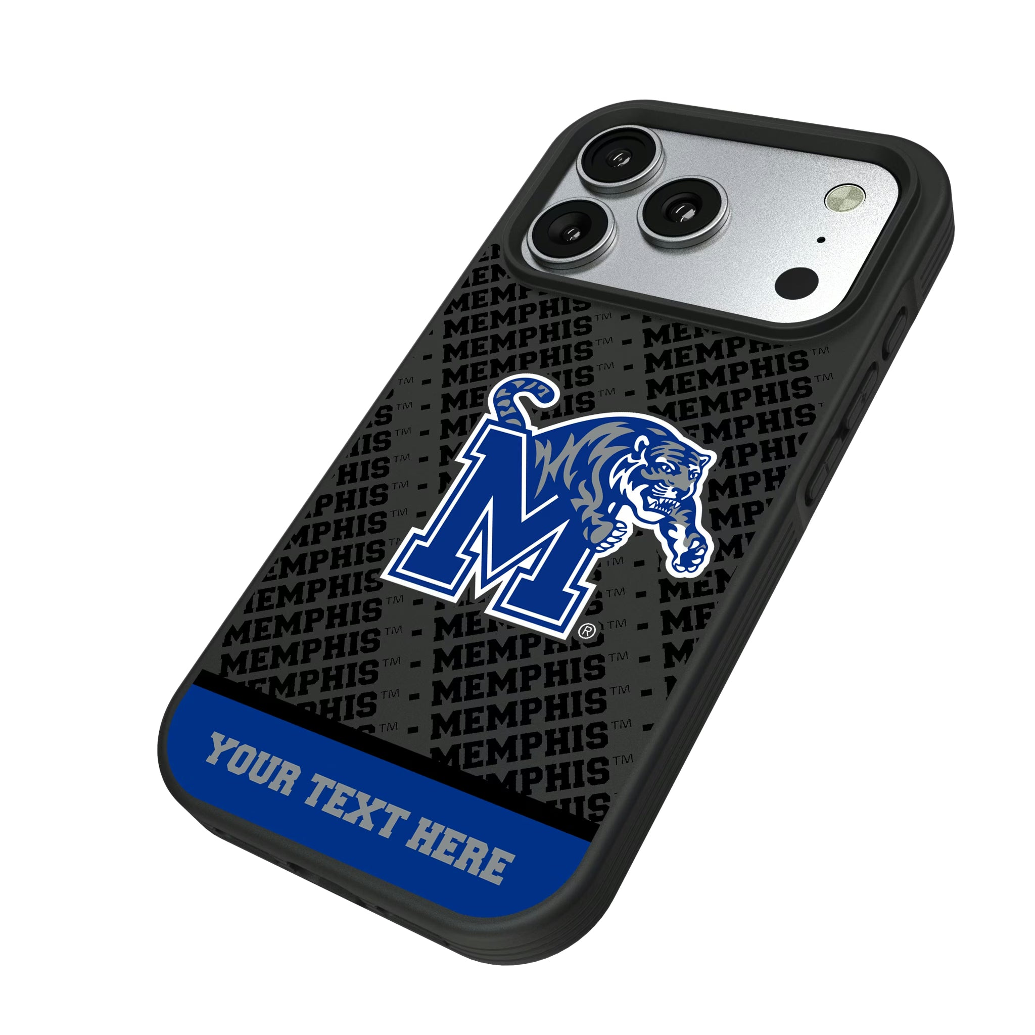 University of Memphis Tigers Personalized EndZone Plus iPhone Bump Phone Case for Apple iPhone - Isometric View#Device_iPhone 17 Pro