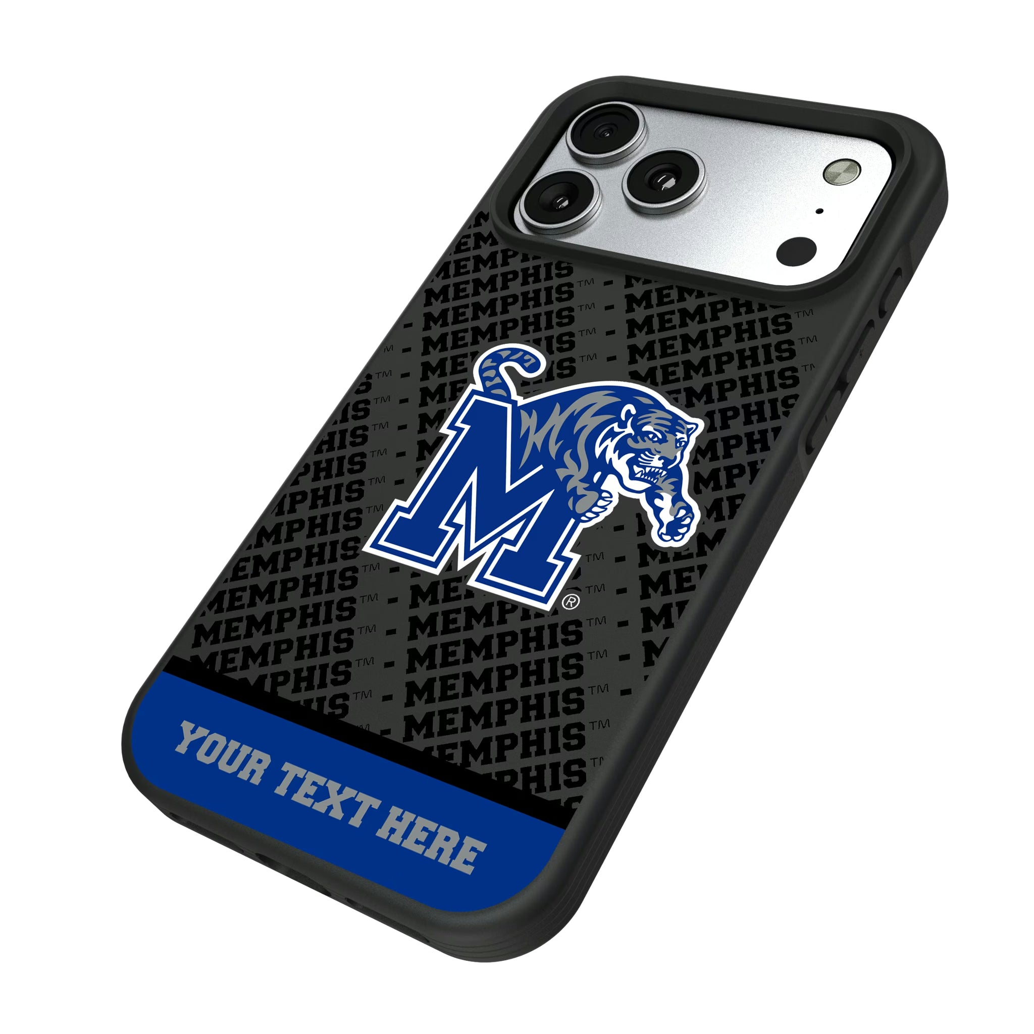 University of Memphis Tigers Personalized EndZone Plus iPhone Bump Phone Case for Apple iPhone - Isometric View#Device_iPhone 17 Pro Max