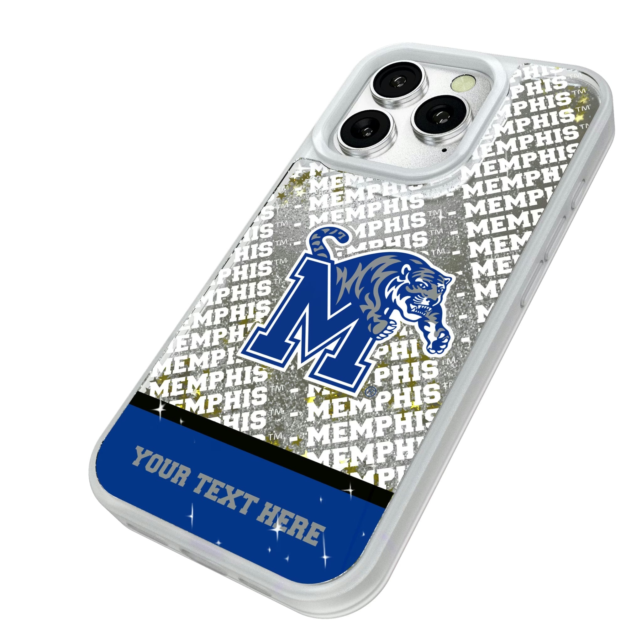 University of Memphis Tigers Personalized EndZone Plus iPhone Glitter Phone Case for Apple iPhone - Isometric View#Device_iPhone 16 Pro