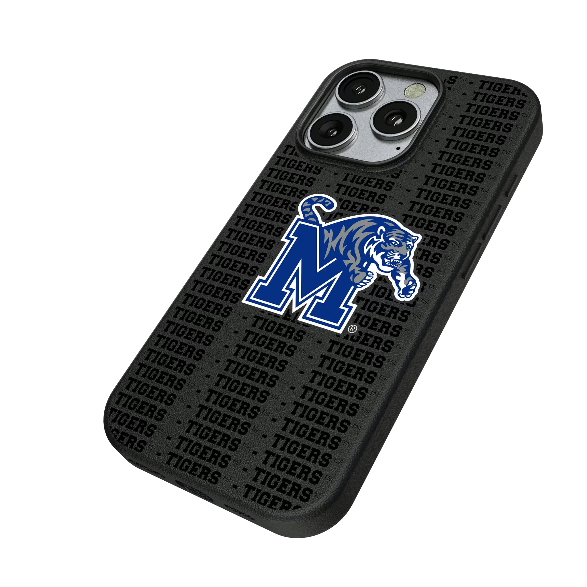 University of Memphis Tigers Text Backdrop iPhone MagSafe Compatible Phone Case for Apple iPhone - Isometric View