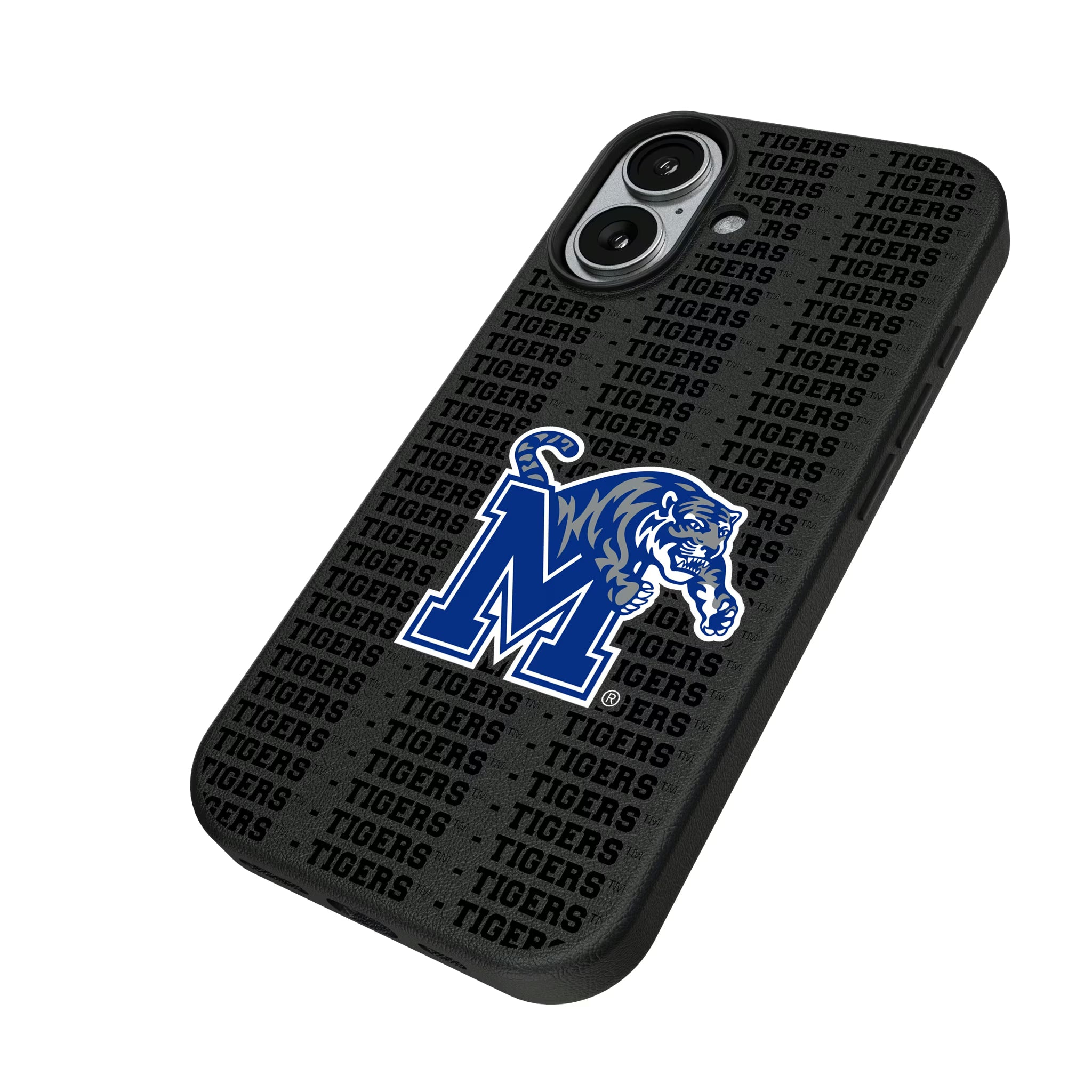 University of Memphis Tigers Text Backdrop iPhone MagSafe Compatible Phone Case for Apple iPhone - Isometric View#Device_iPhone 17