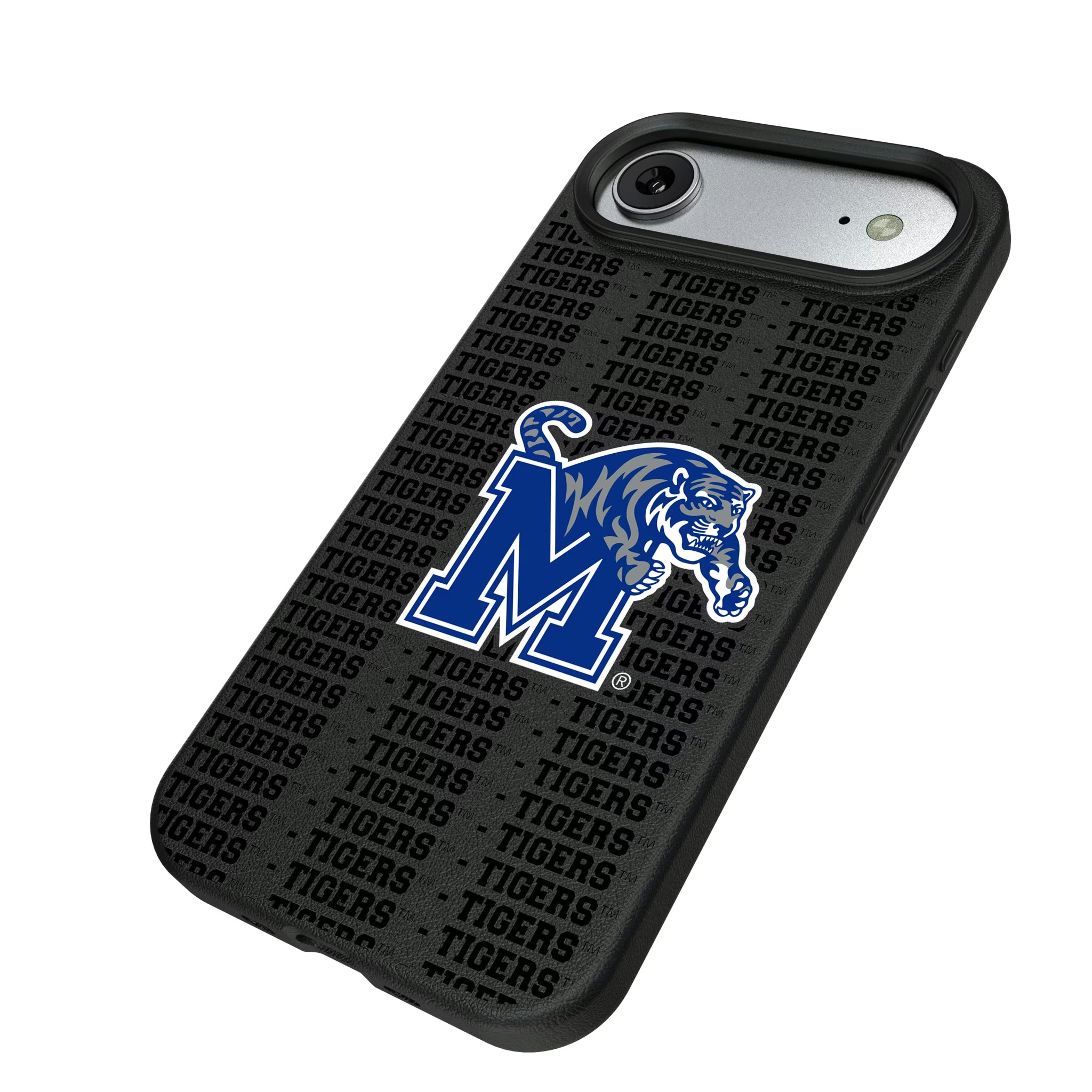 University of Memphis Tigers Text Backdrop iPhone MagSafe Compatible Phone Case for Apple iPhone - Isometric View#Device_iPhone Air