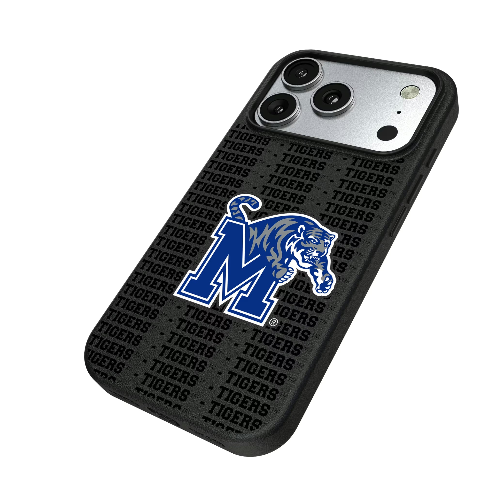 University of Memphis Tigers Text Backdrop iPhone MagSafe Compatible Phone Case for Apple iPhone - Isometric View#Device_iPhone 17 Pro