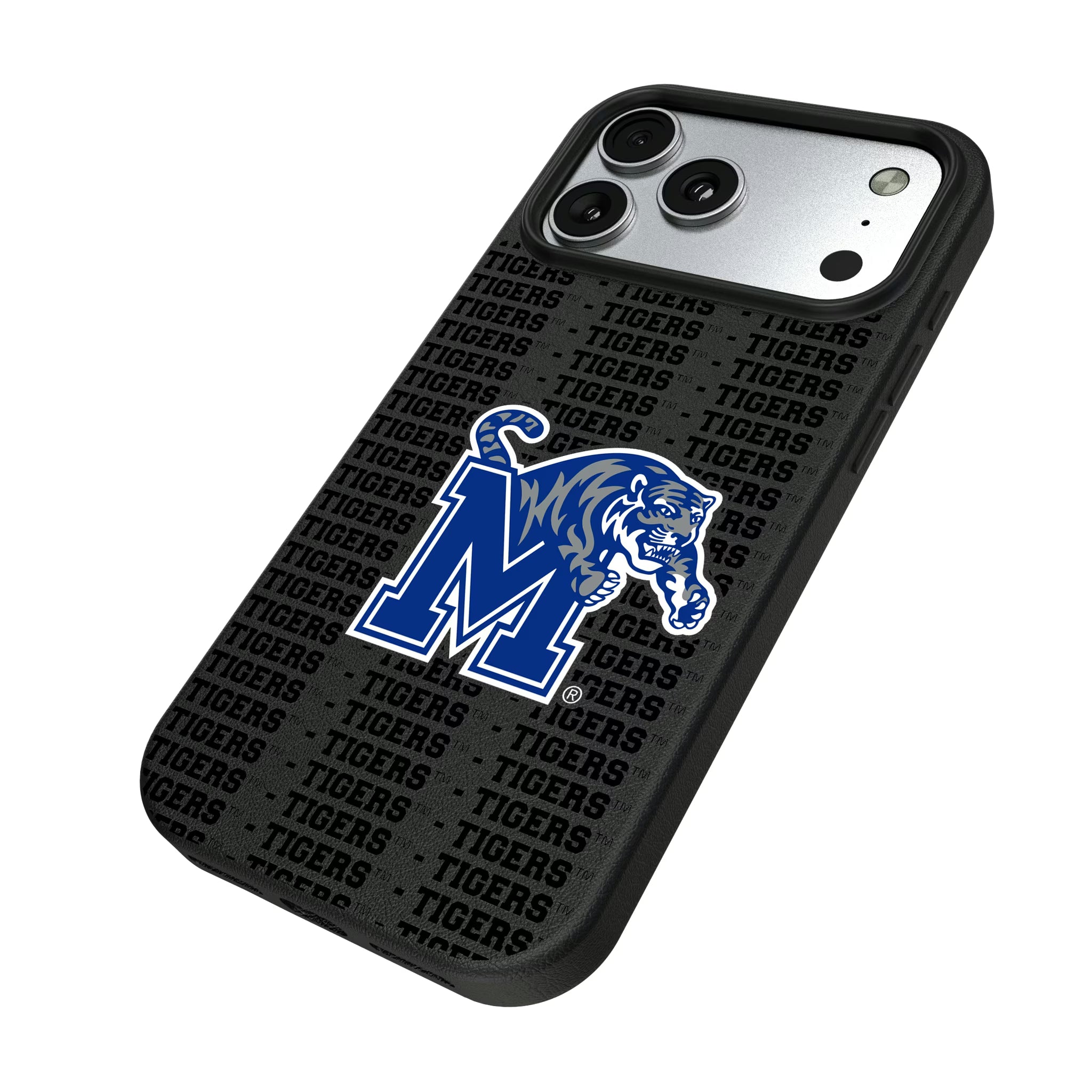 University of Memphis Tigers Text Backdrop iPhone MagSafe Compatible Phone Case for Apple iPhone - Isometric View#Device_iPhone 17 Pro Max
