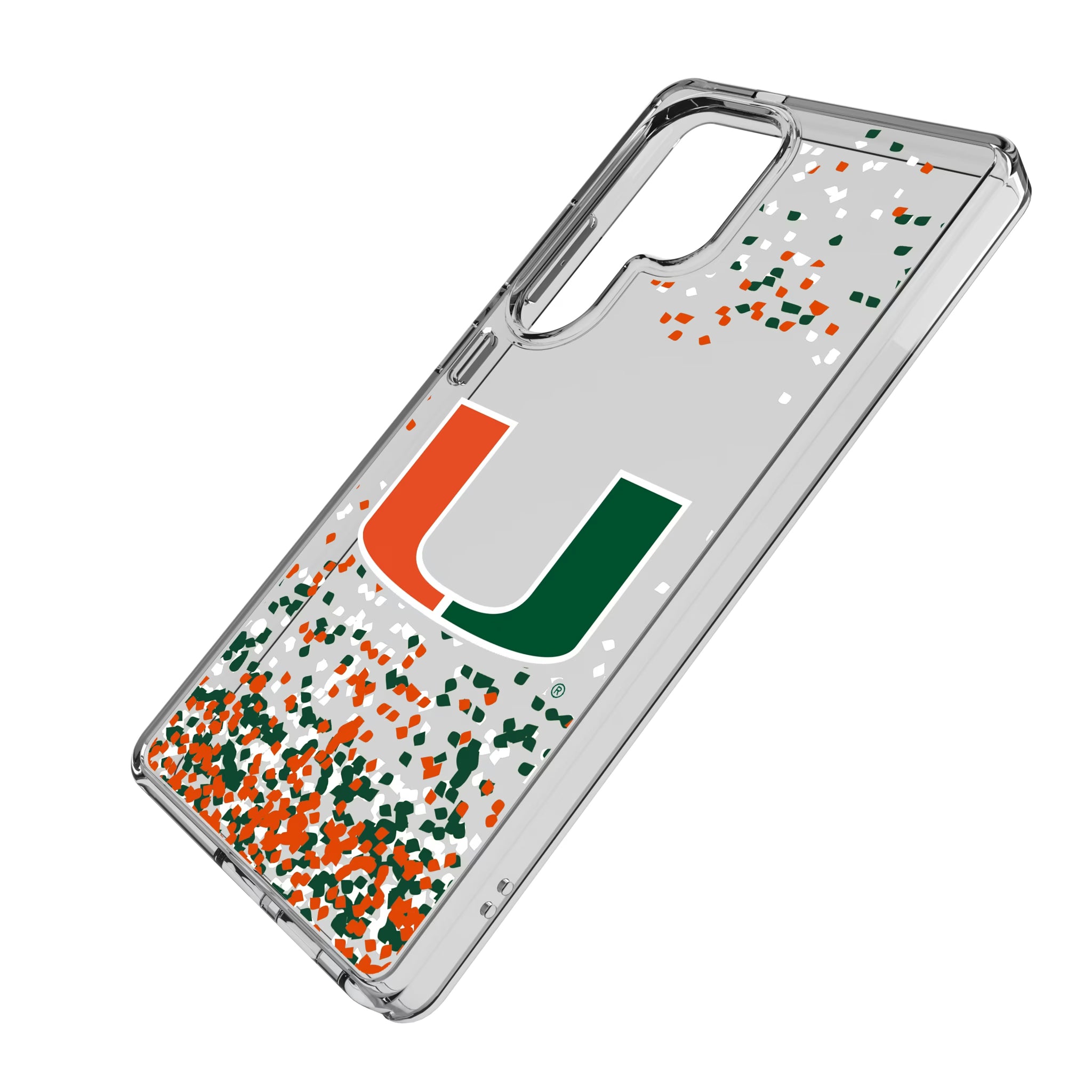 University of Miami Hurricanes Confetti Galaxy Clear Phone Case for Samsung Galaxy - Isometric View