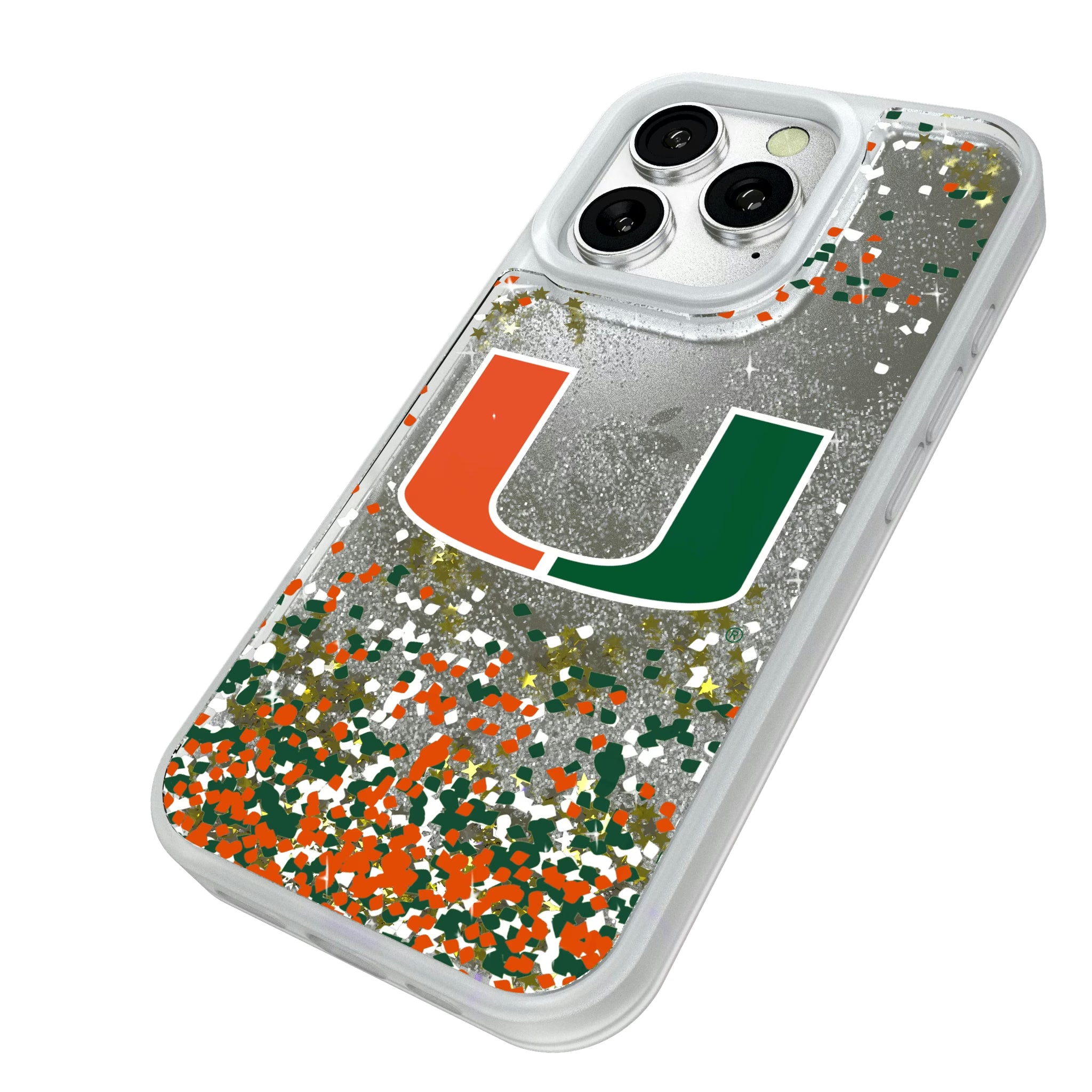 University of Miami Hurricanes Confetti iPhone Glitter Phone Case for Apple iPhone - Isometric View#Device_iPhone 16 Pro