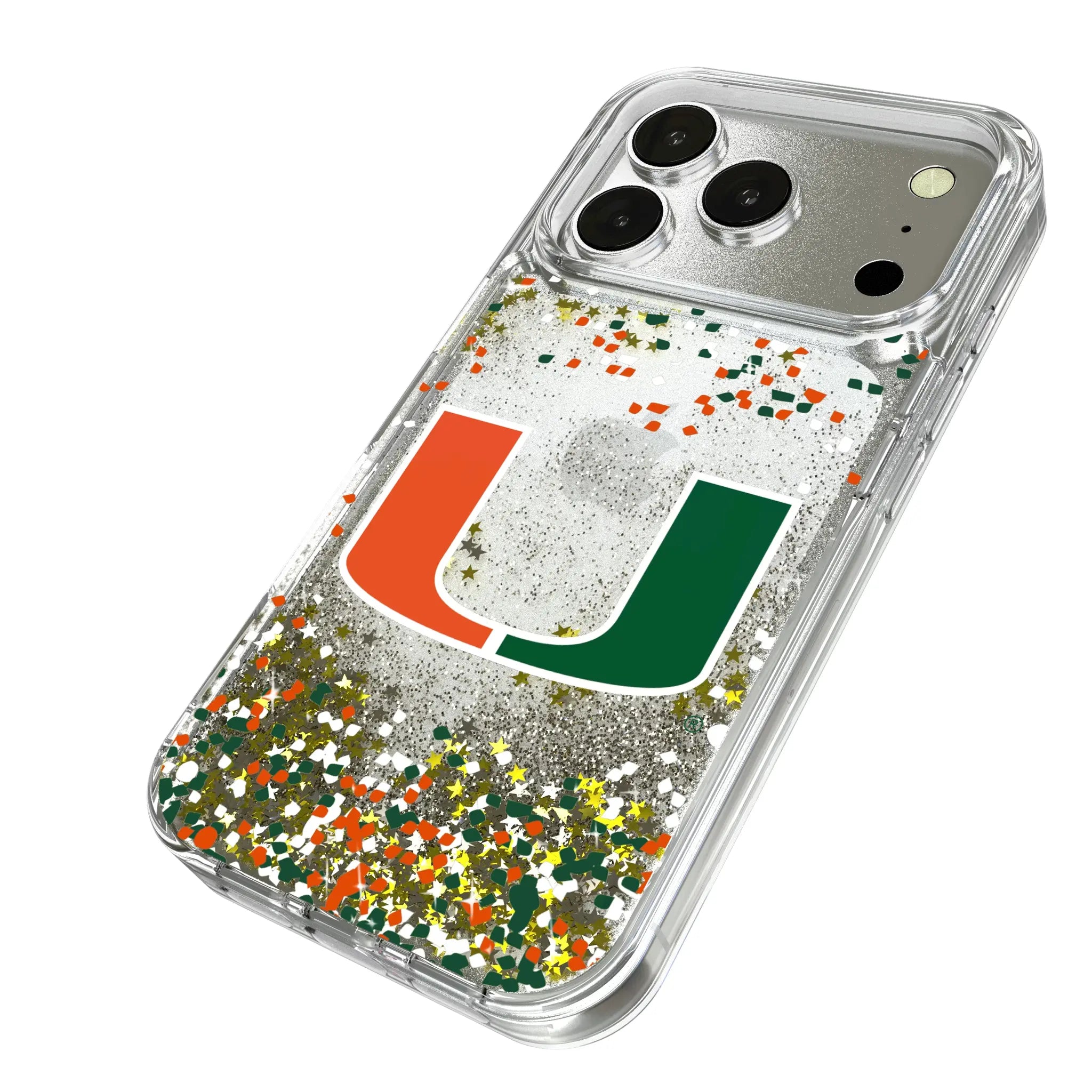 University of Miami Hurricanes Confetti iPhone Glitter Phone Case for Apple iPhone - Isometric View