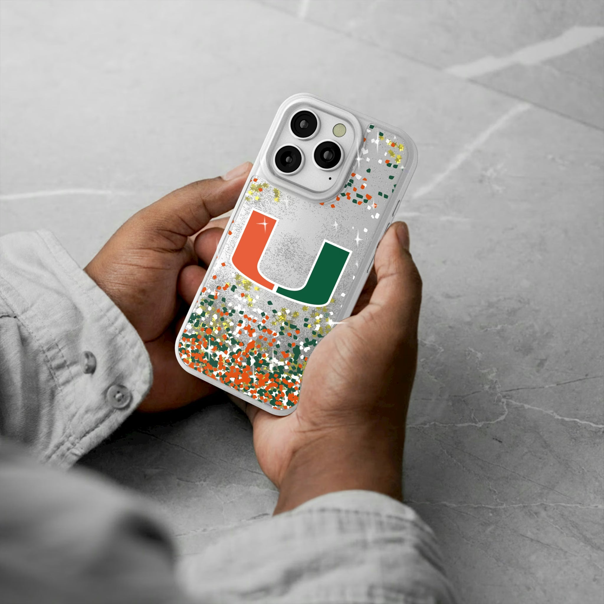 University of Miami Hurricanes Confetti iPhone Glitter Phone Case for Apple iPhone - Lifestyle#Device_iPhone 16 Pro