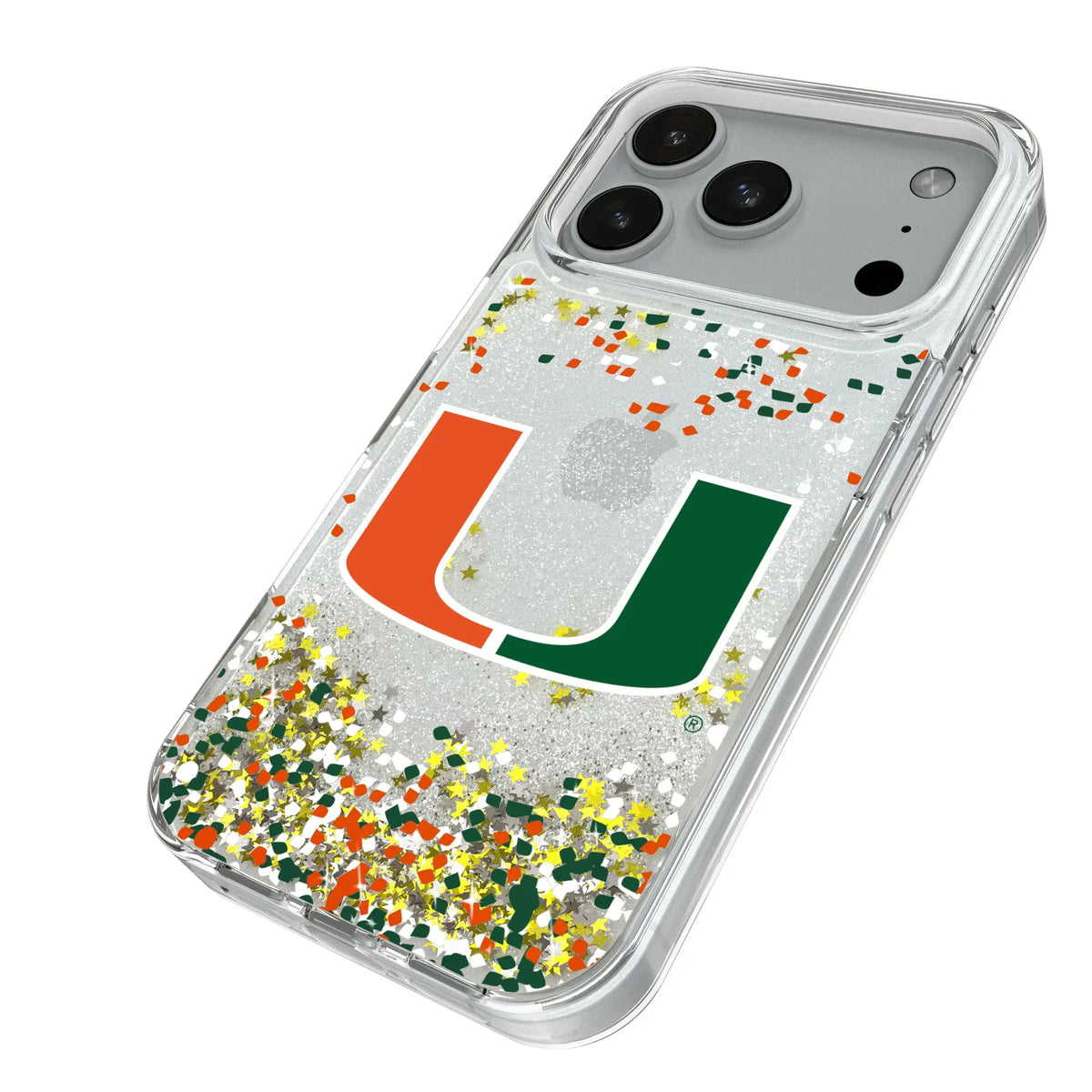 University of Miami Hurricanes Confetti iPhone Glitter Phone Case for Apple iPhone - Isometric View#Device_iPhone 18 Pro