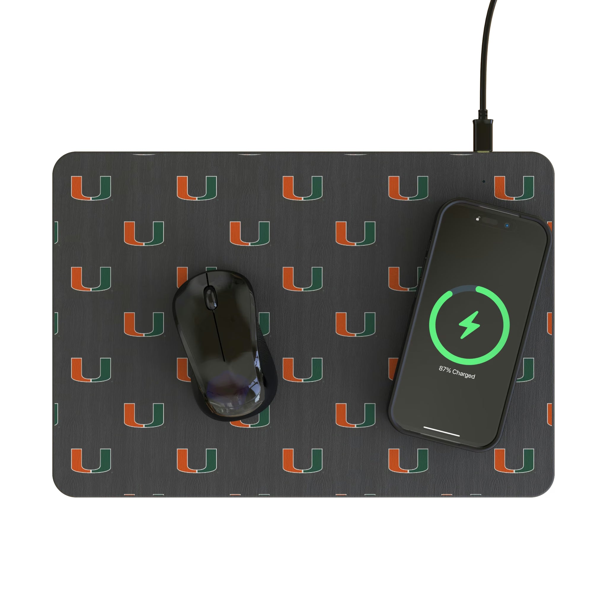 University of Miami Hurricanes Fashion Pattern 15-Watt Wireless Charger and Mouse Pad - Lifestyle