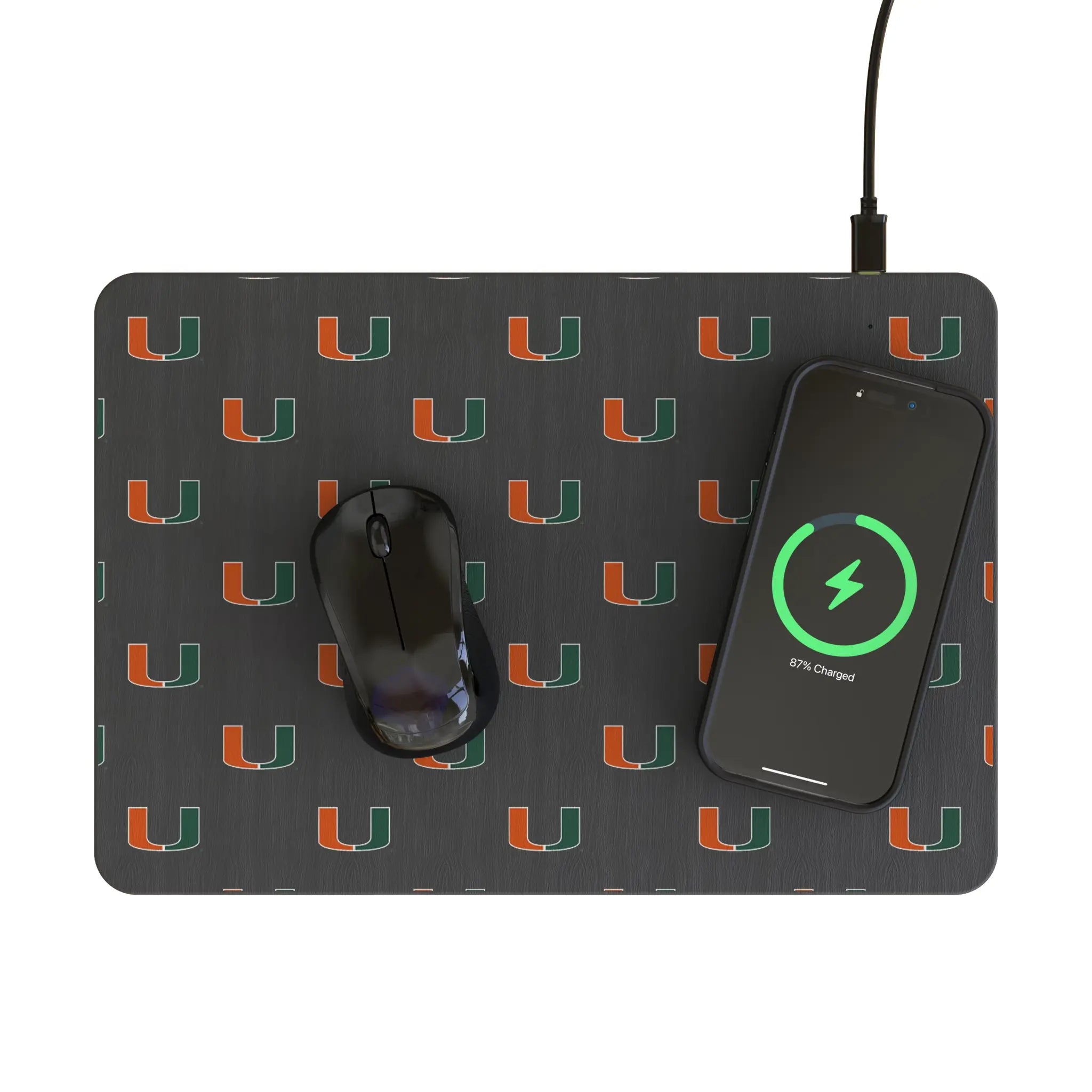 University of Miami Hurricanes Fashion Pattern 15-Watt Wireless Charger and Mouse Pad - Lifestyle