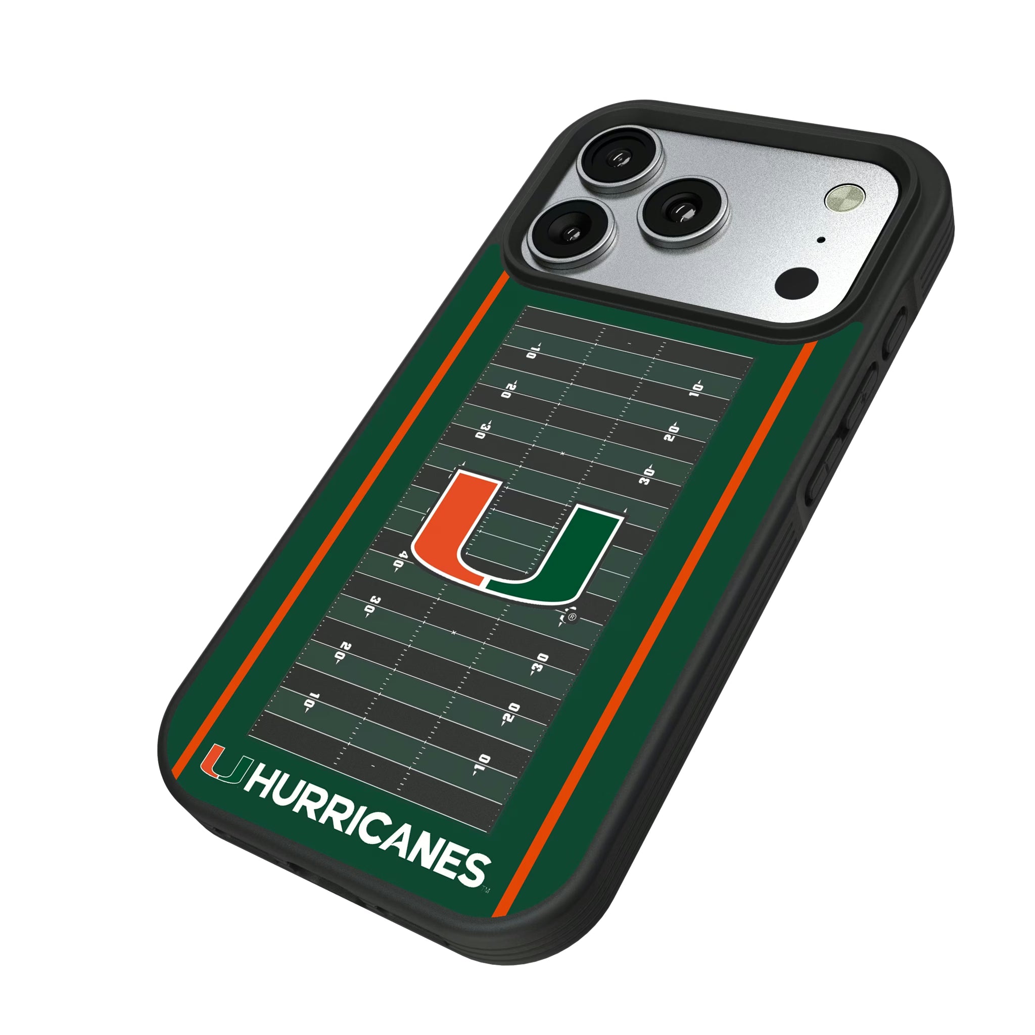 University of Miami Hurricanes Field iPhone Bump Phone Case for Apple iPhone - Isometric View#Device_iPhone 17 Pro