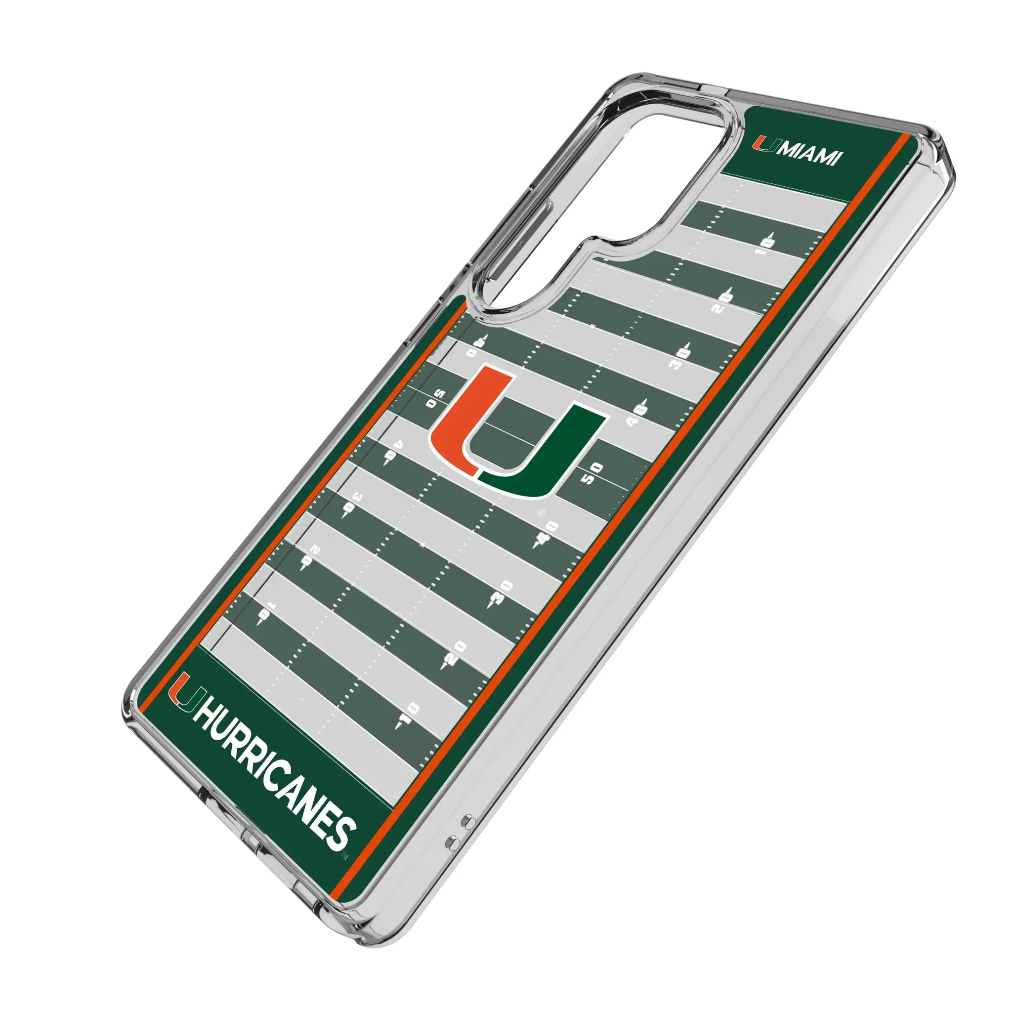 University of Miami Hurricanes Field Galaxy Clear Phone Case for Samsung Galaxy - Isometric View#Device_Galaxy S25 Ultra