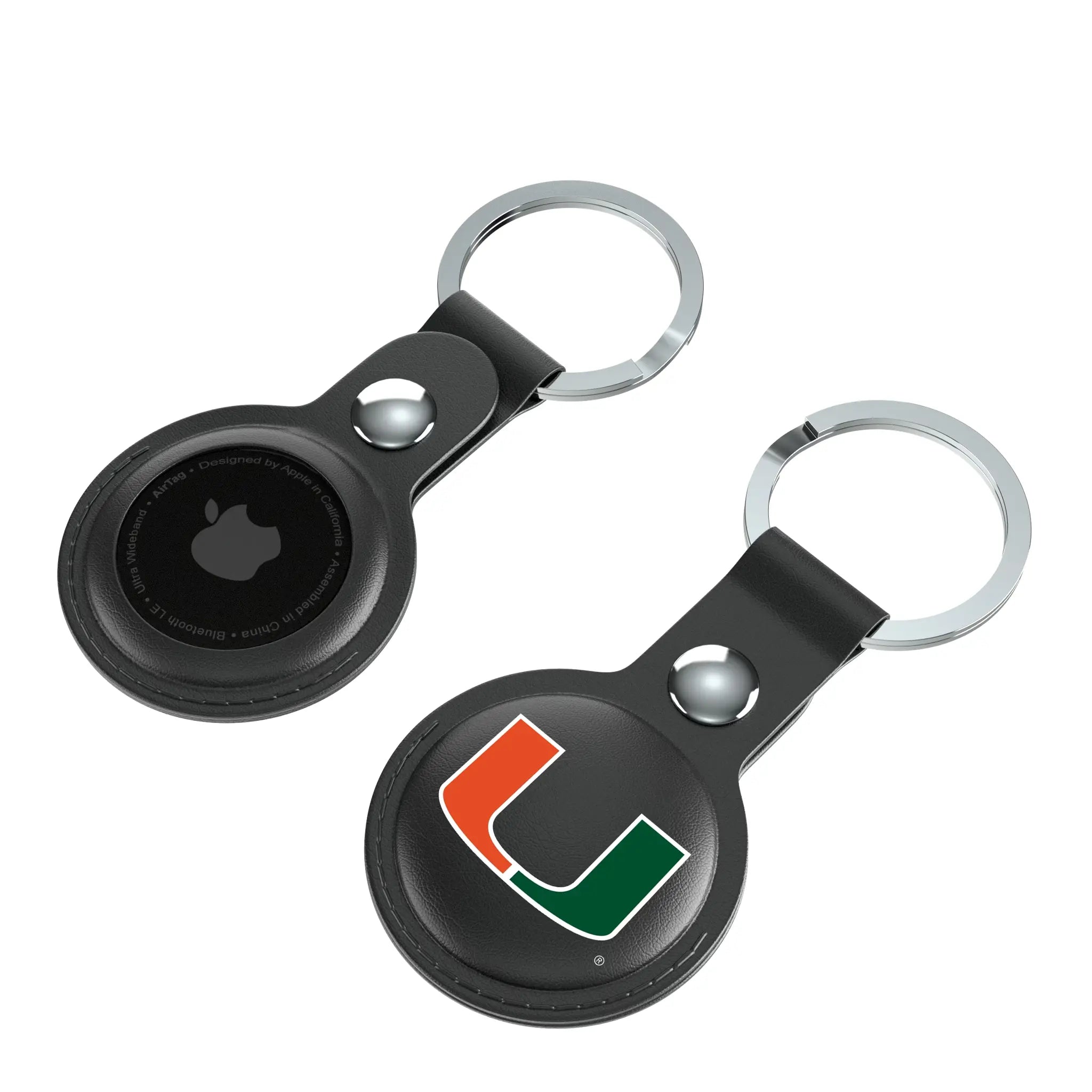 University of Miami Hurricanes Insignia AirTag Black Airtag Holder 2-Pack - Isometric View