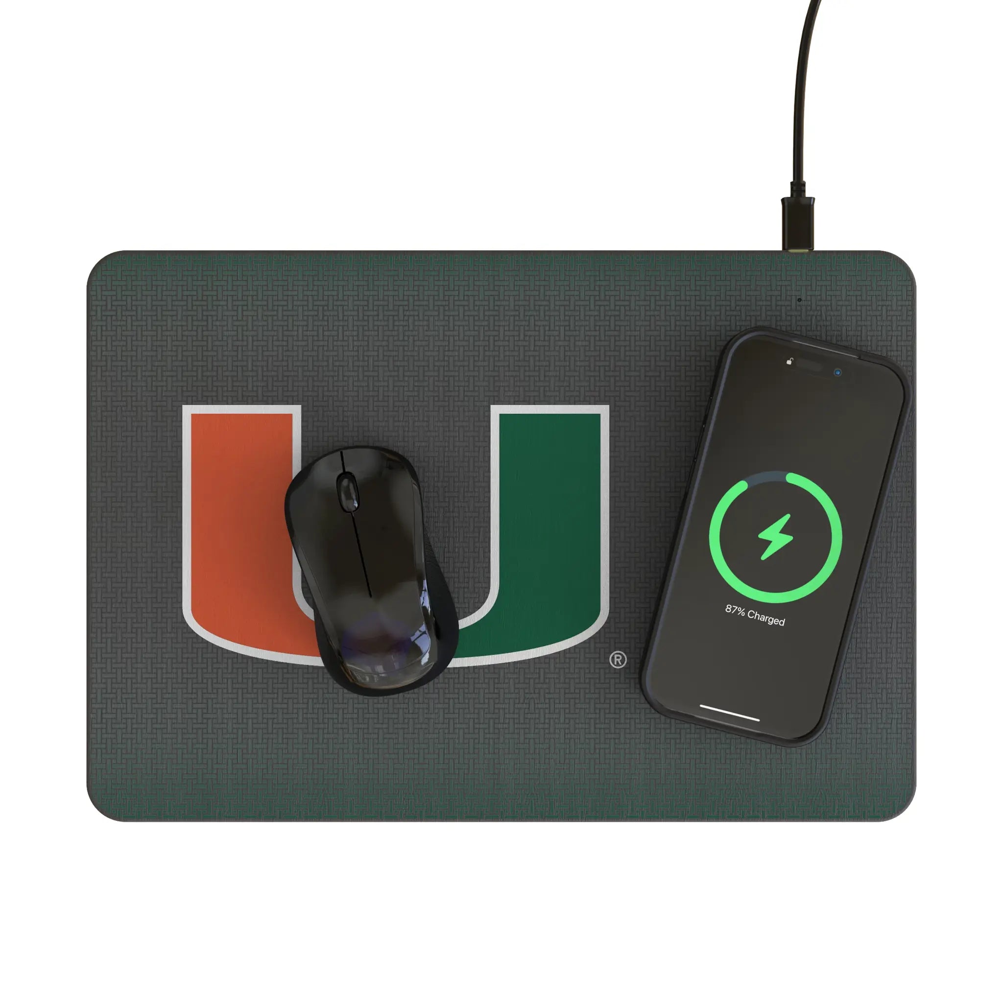 University of Miami Hurricanes Linen 15-Watt Wireless Charger and Mouse Pad - Lifestyle