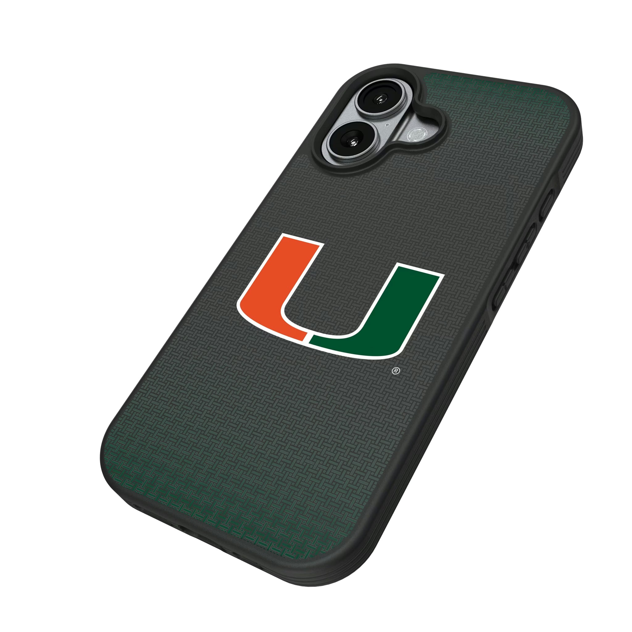 University of Miami Hurricanes Linen iPhone Bump Phone Case for Apple iPhone - Isometric View#Device_iPhone 17