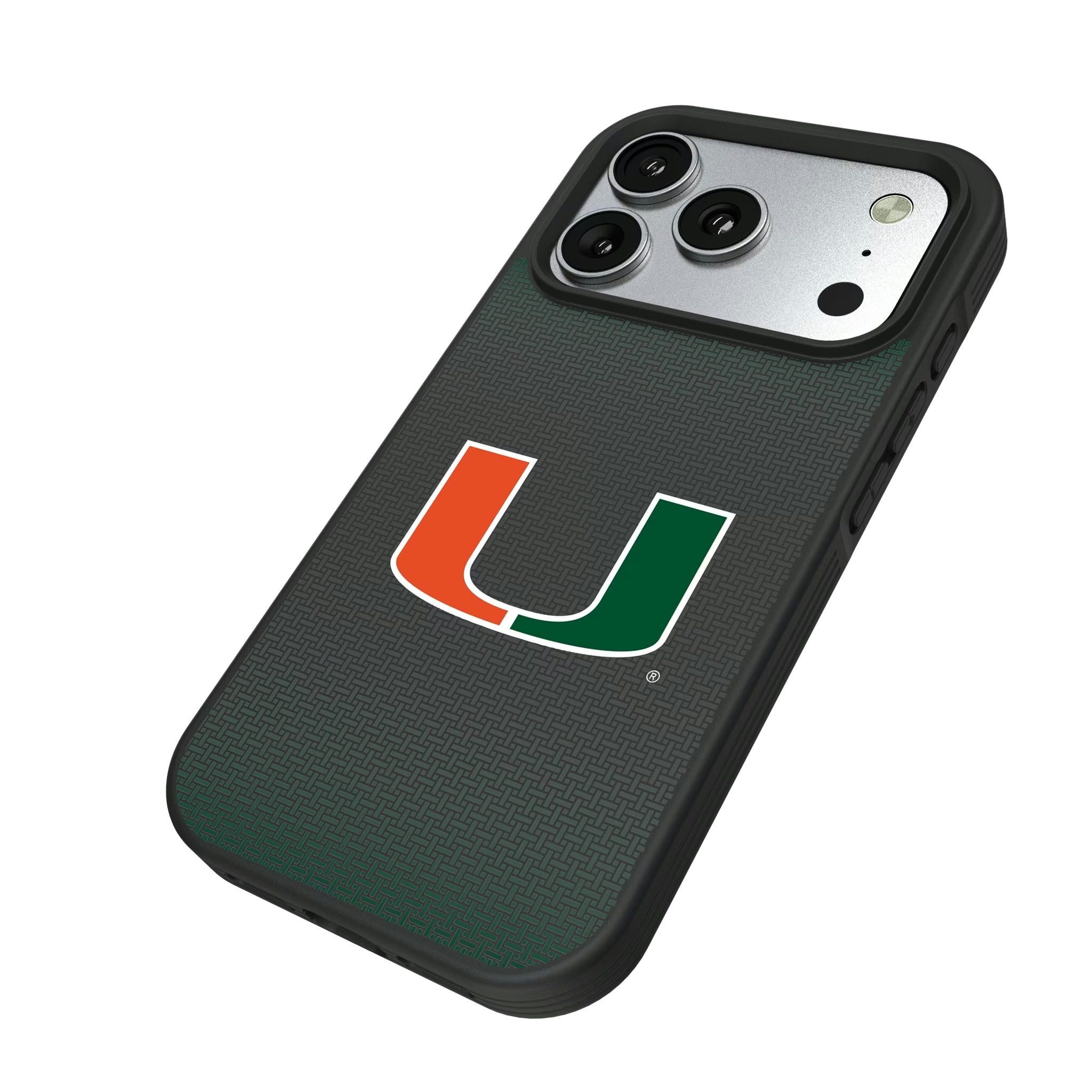 University of Miami Hurricanes Linen iPhone Bump Phone Case for Apple iPhone - Isometric View#Device_iPhone 17 Pro