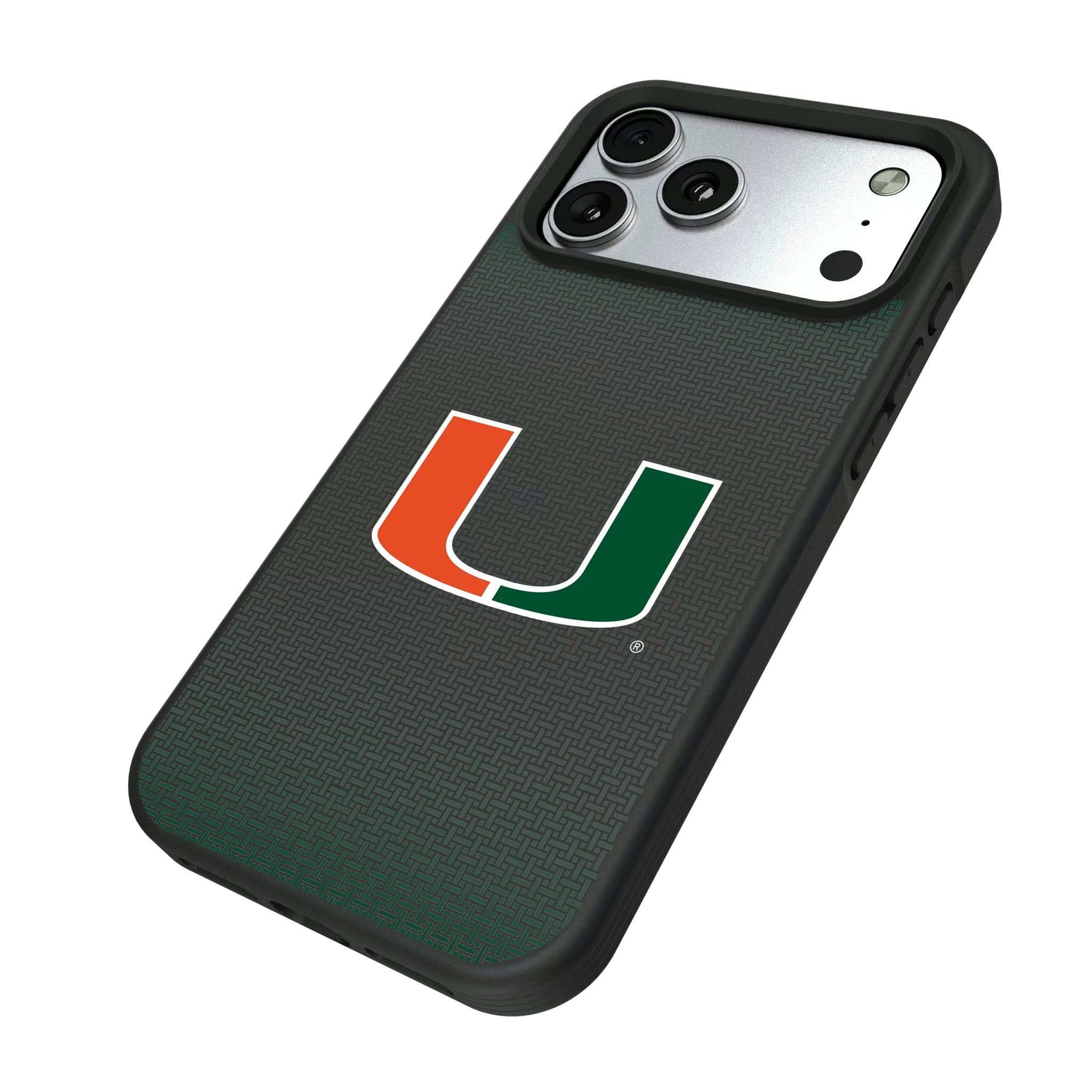 University of Miami Hurricanes Linen iPhone Bump Phone Case for Apple iPhone - Isometric View#Device_iPhone 17 Pro Max