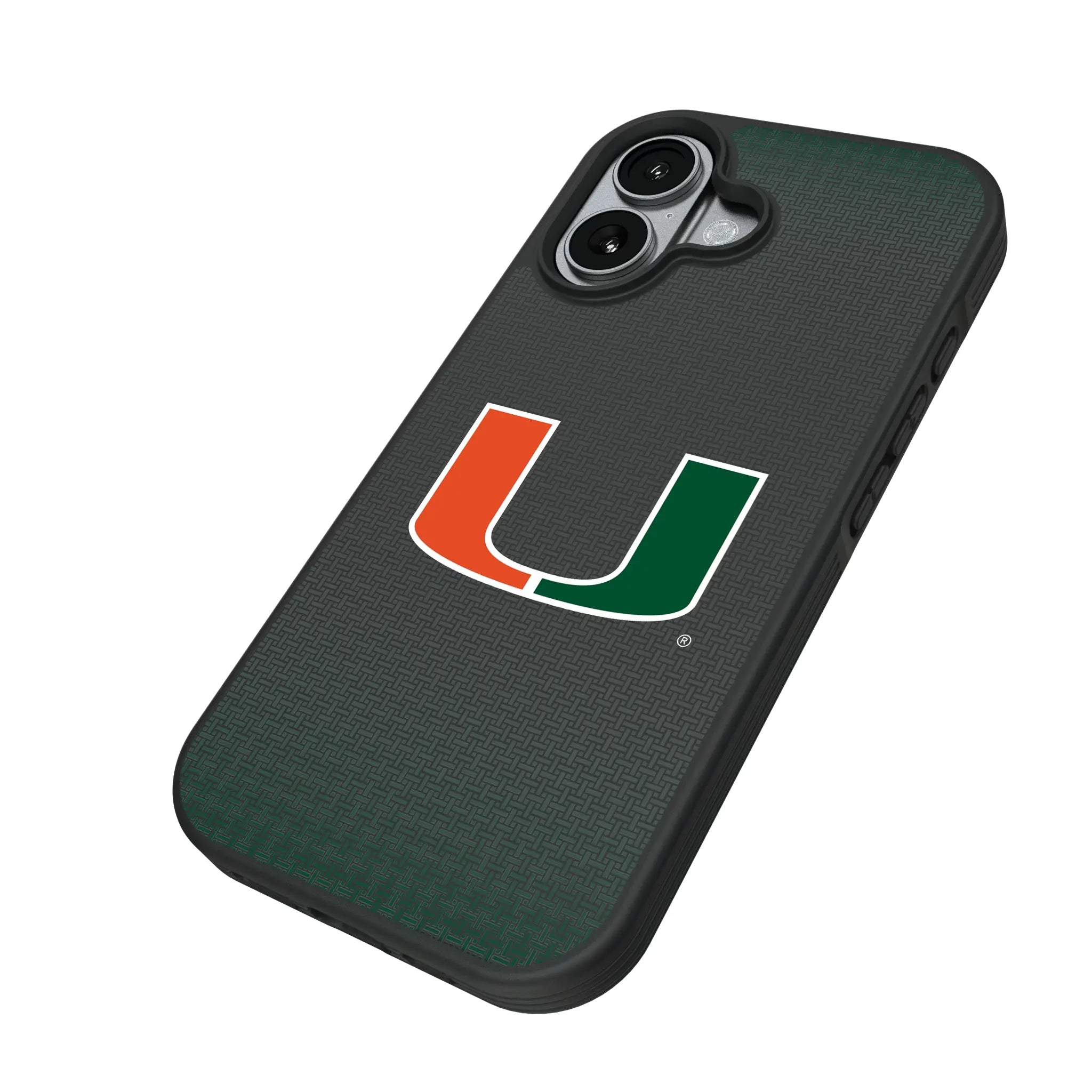 University of Miami Hurricanes Linen iPhone Bump Phone Case for Apple iPhone - Isometric View#Device_iPhone 17