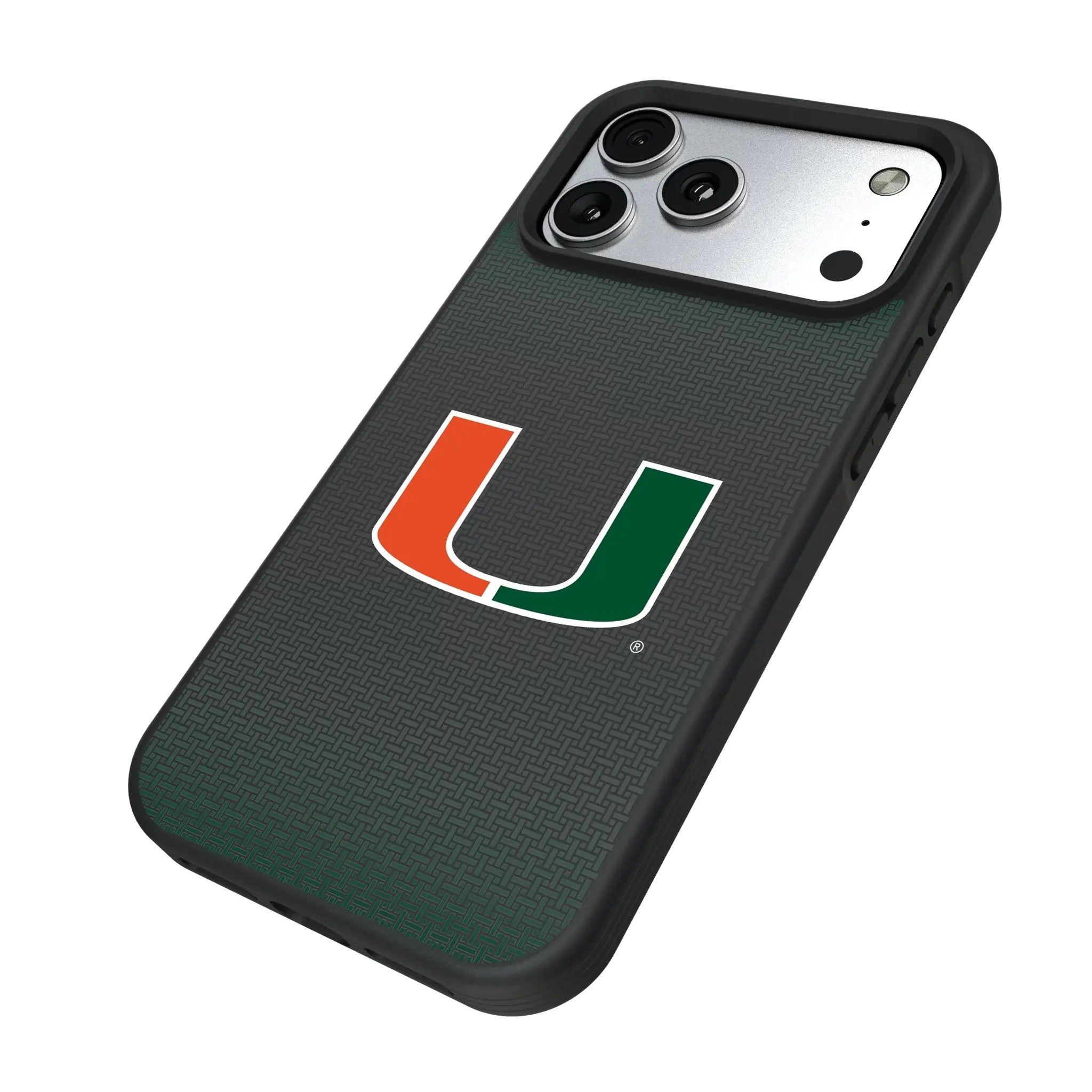 University of Miami Hurricanes Linen iPhone Bump Phone Case for Apple iPhone - Isometric View#Device_iPhone 17 Pro Max