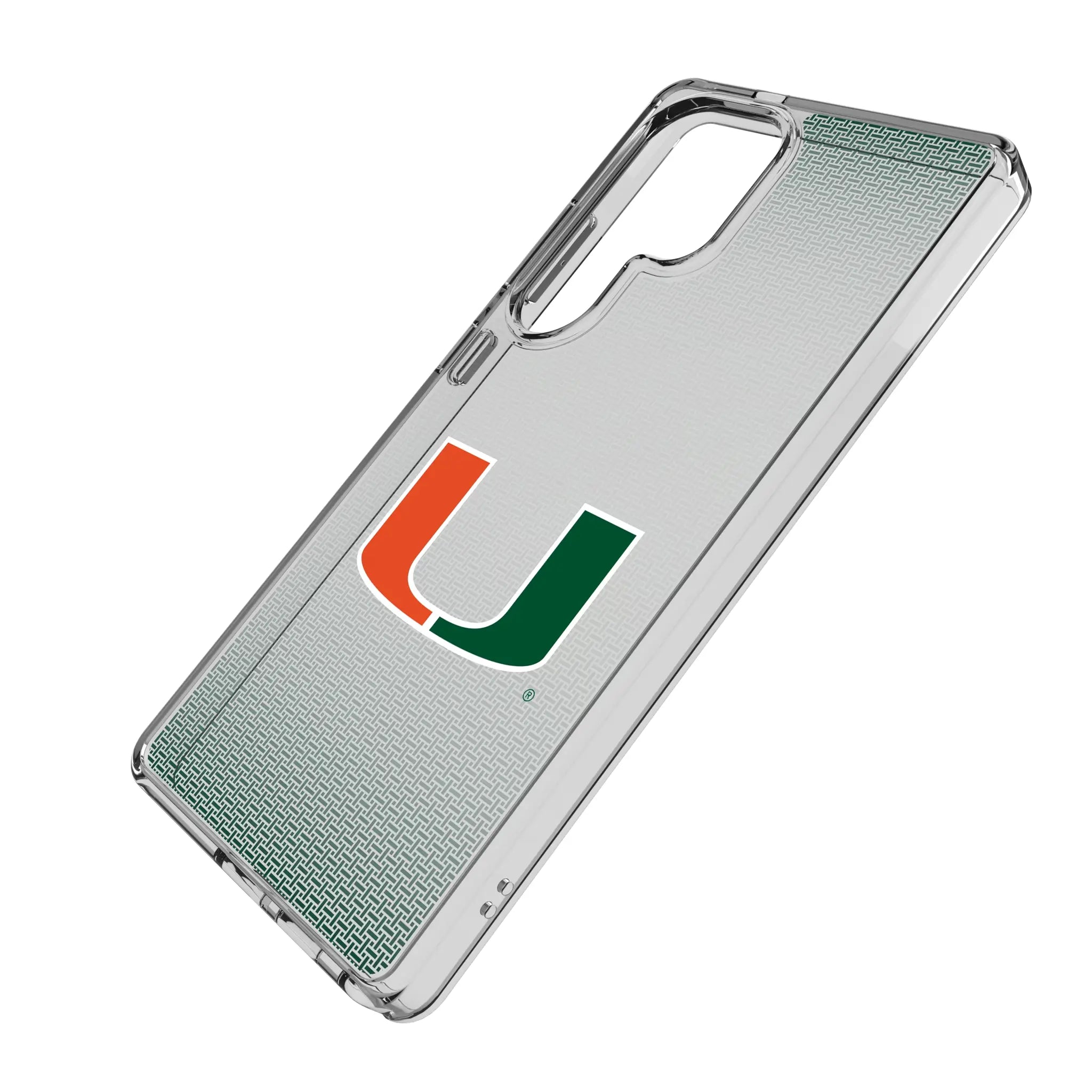 University of Miami Hurricanes Linen Galaxy Clear Phone Case for Samsung Galaxy - Isometric View#Device_Galaxy S25 Ultra